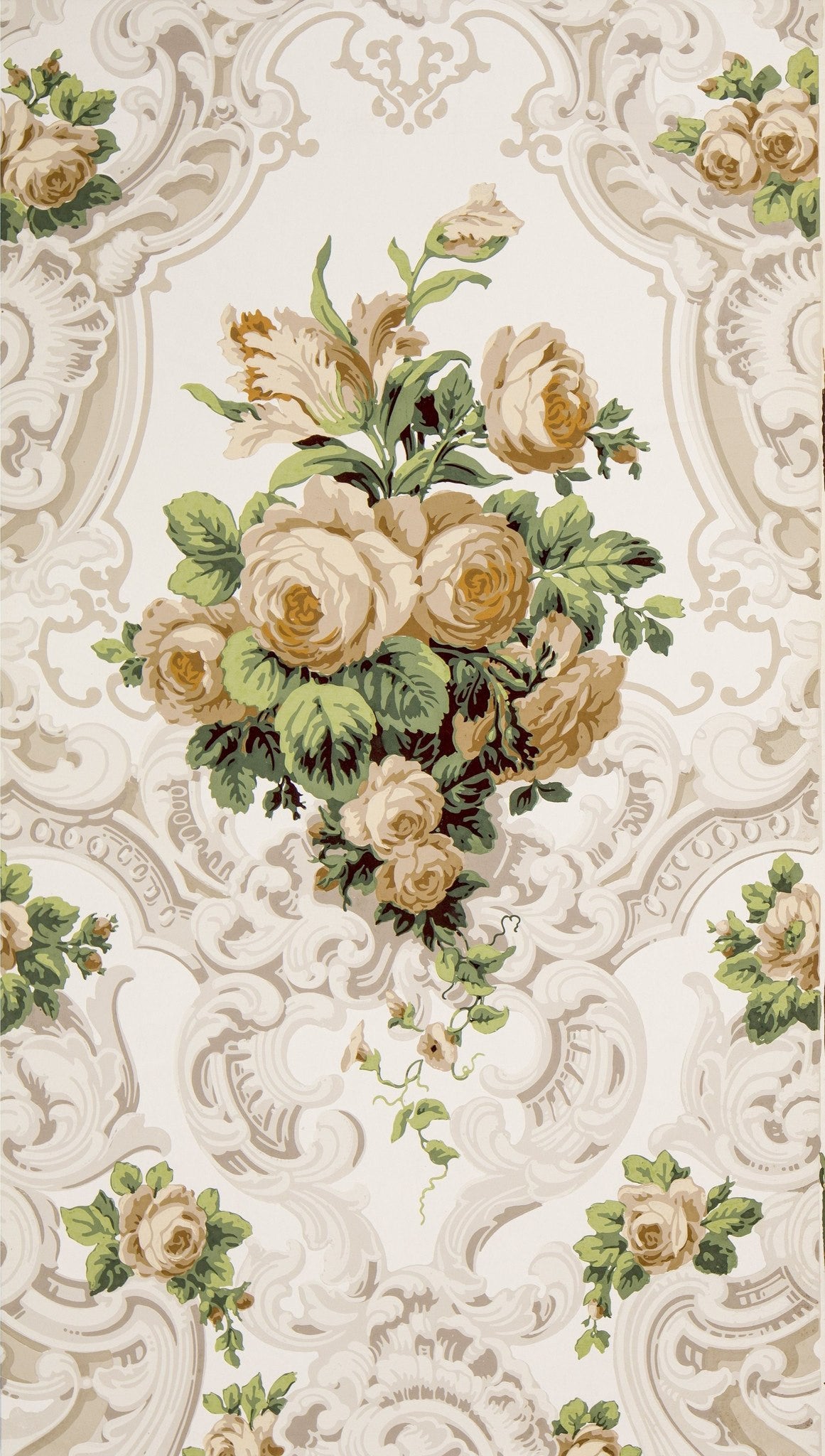 Large Rose Bouquets In Rococo Scrolls Antique Wallpaper Bolling