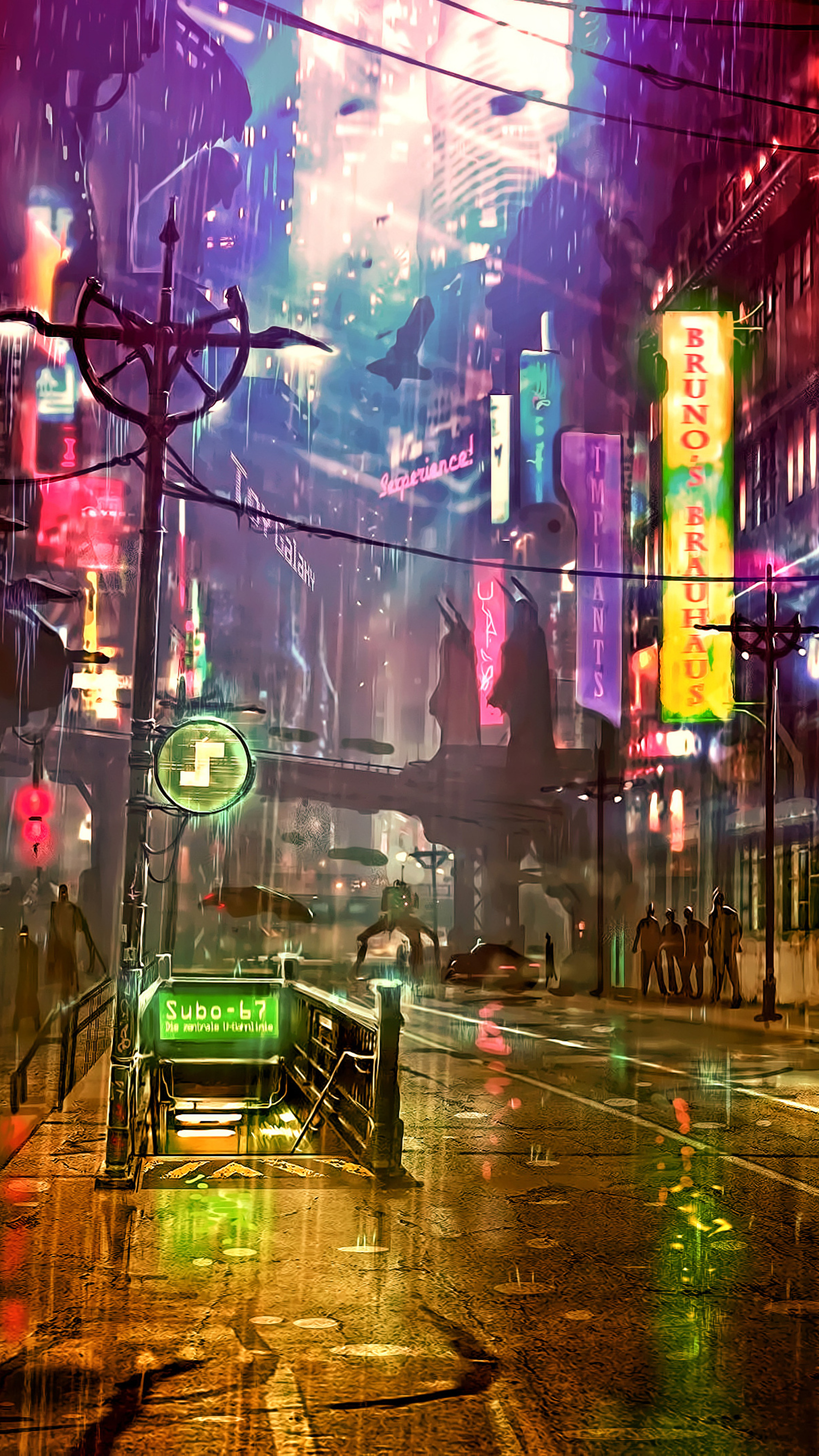 A vibrant cyberpunk city street at night, rain-slicked and illuminated by neon signs, featuring a subway entrance and futuristic elements