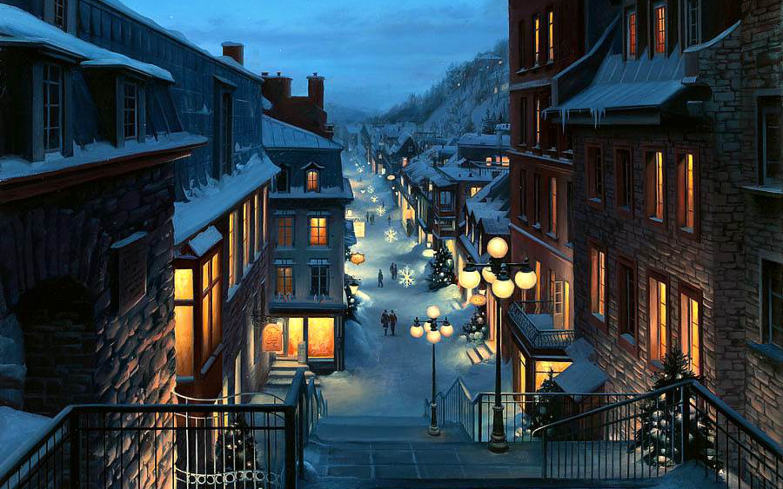  city Quebec Province Canada Christmas night painting wallpaper