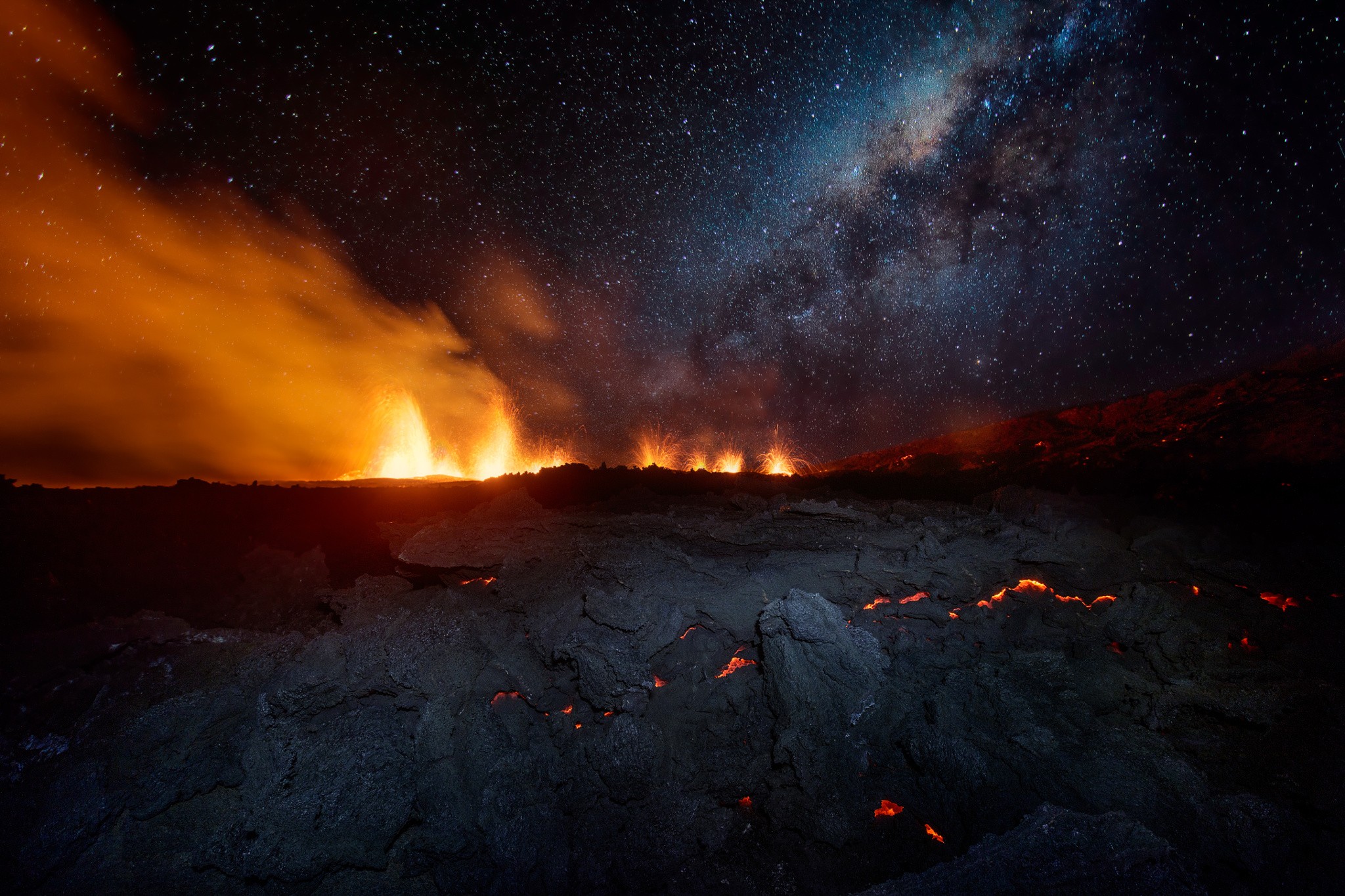 Landscape Volcano Eruption Sky Lava Island Smoke Night Stars Rocks