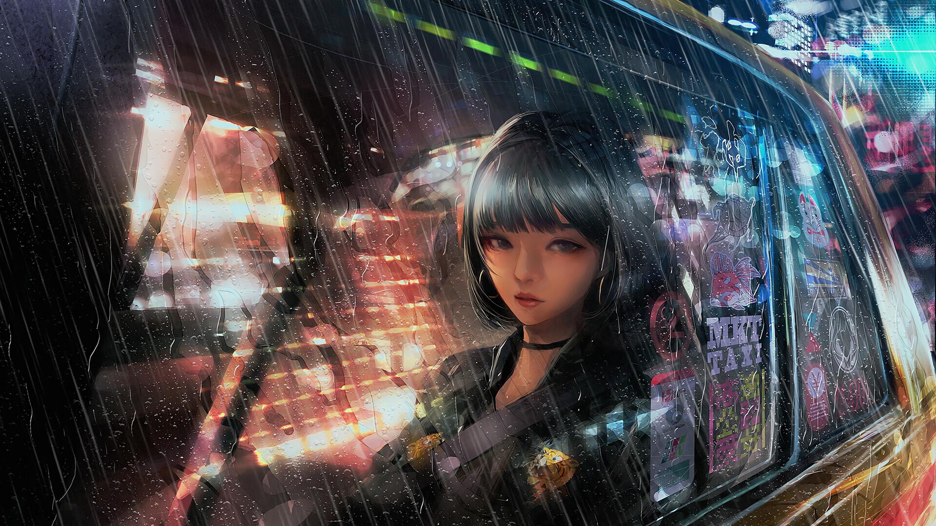 Anime Girl Car Raining 4K Wallpaper