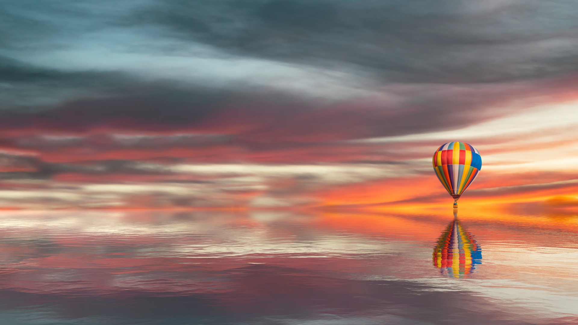 Hot Air Balloon Wallpaper 4k Reflection Cloudy Sunset Lake