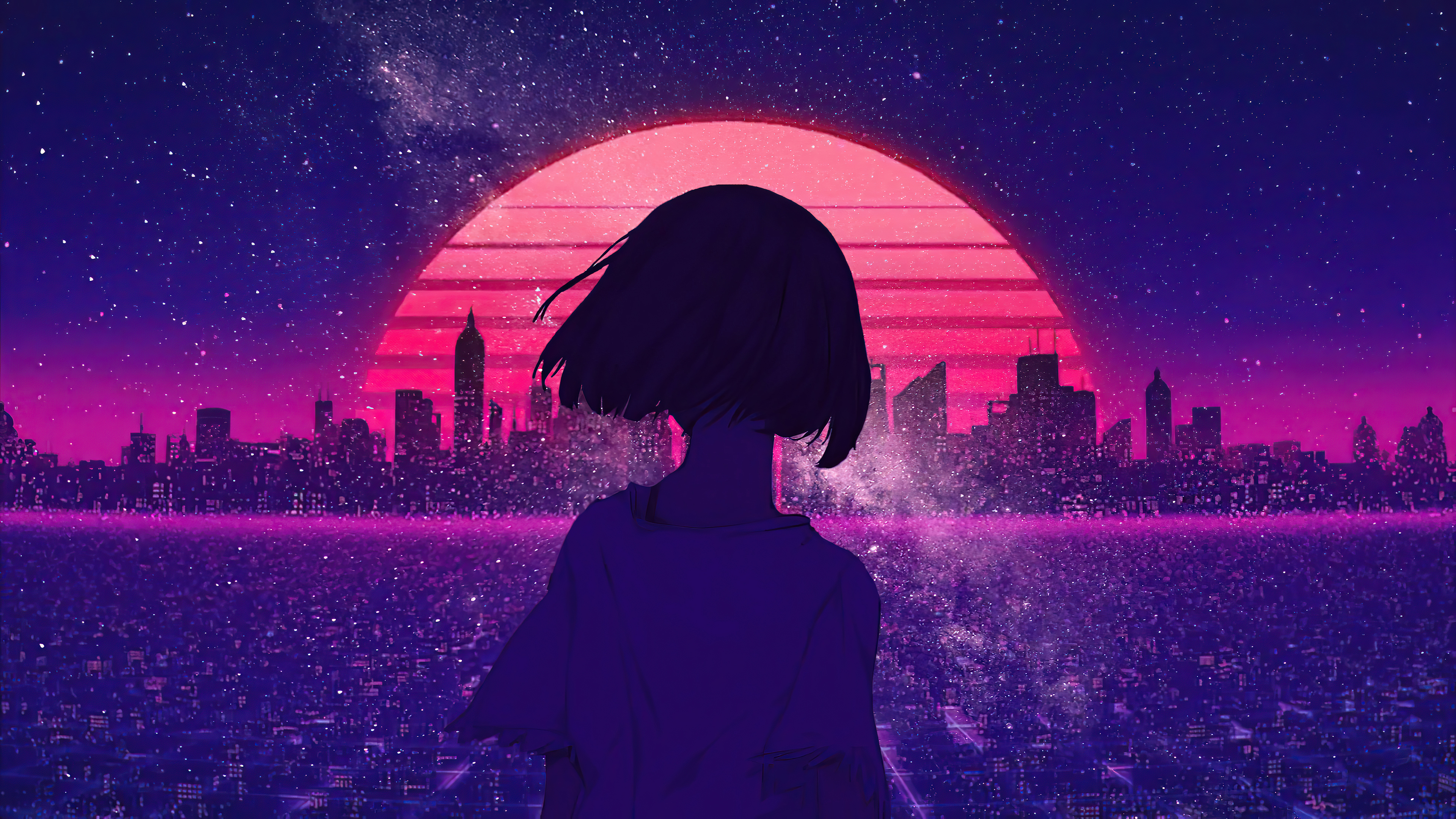 Synthwave Night Sunset Anime Girl 4k Wallpaper HD Artist