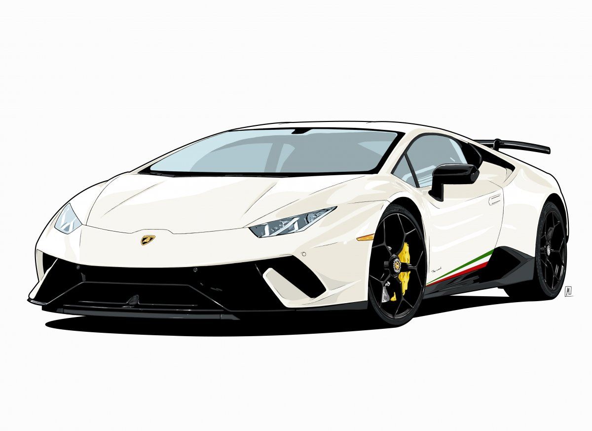 A cartoon illustration of a white Lamborghini Huracán Performante, showcasing its sleek design and Italian racing stripes