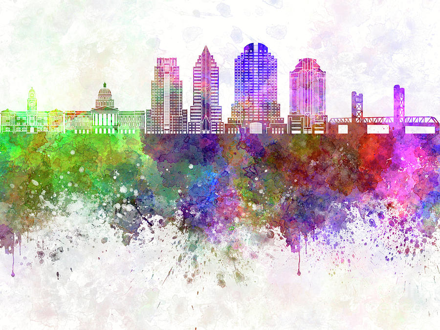 Sacramento Skyline In Watercolor Background Painting By Pablo Romero