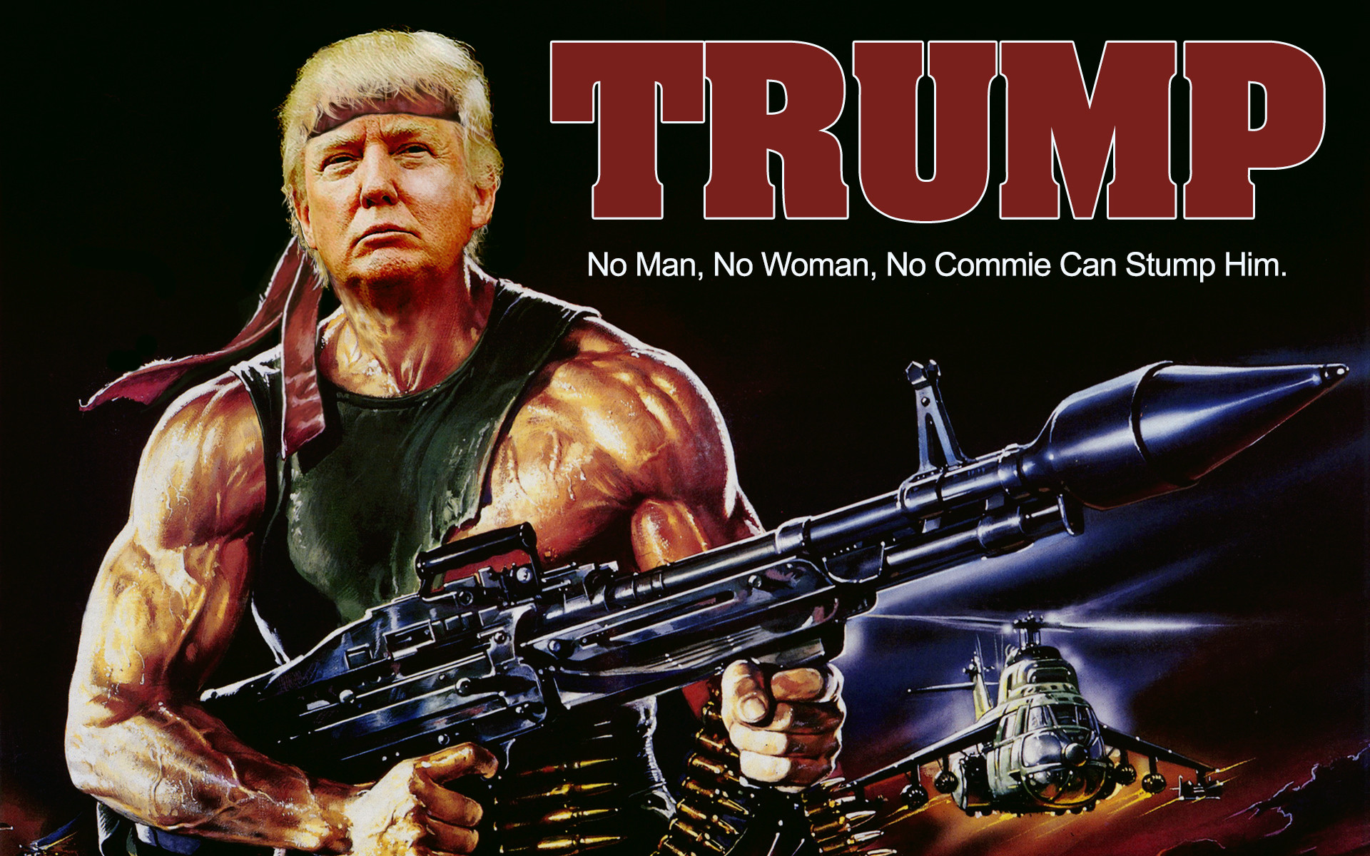 Donald Trump as an action hero, reminiscent of Rambo, holding a machine gun with a helicopter in the background. This image is a political satire or parody