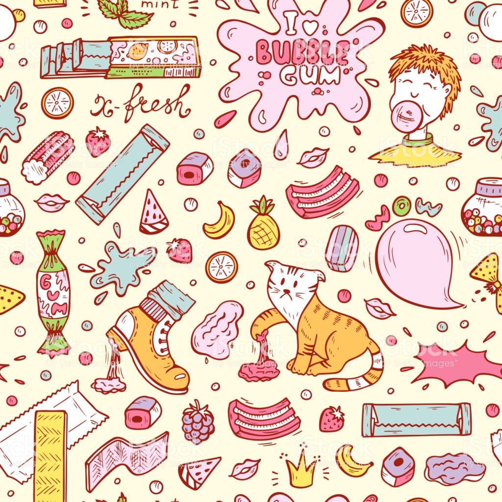 Bubble Gum Vector Seamless Pattern Hand Drawn Doodle Chewing Gums