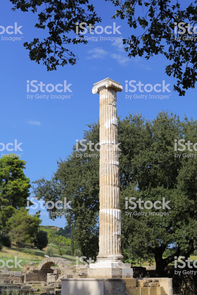 Newly Restored Column And Crypt In Background Ancient Olympia