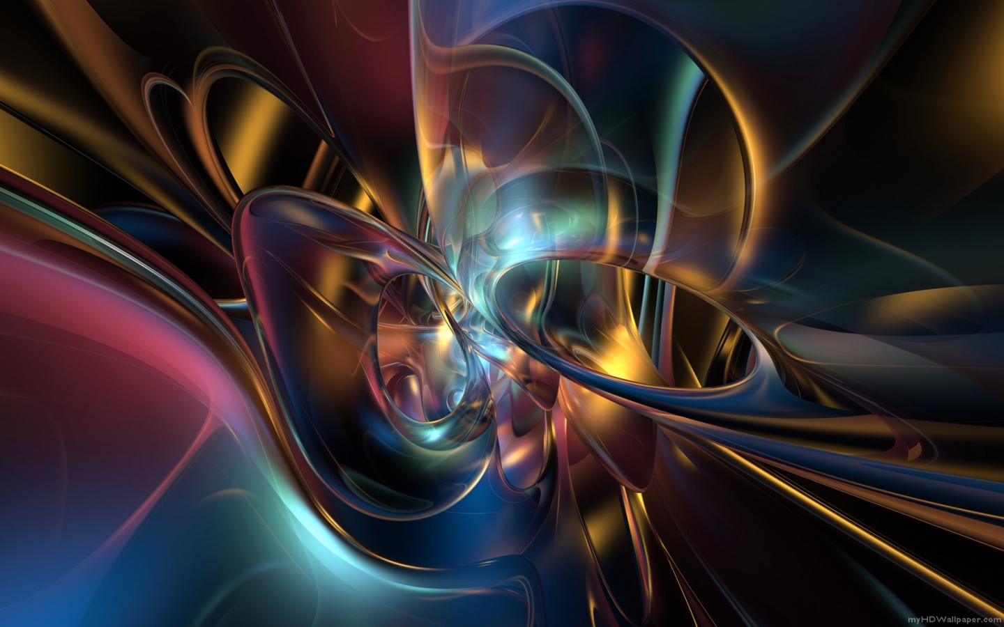 A vibrant abstract background with swirling, metallic shapes in shades of gold, blue, and red, resembling liquid metal or flowing ribbons