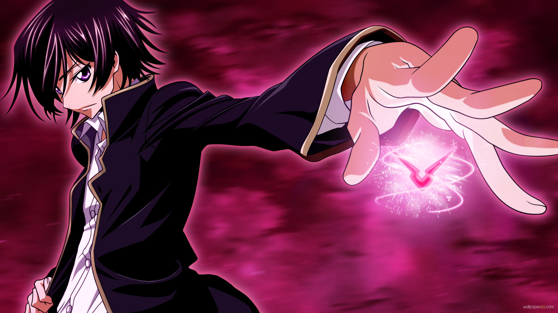 Anime boy with dark hair and a black jacket using a pink, glowing power, against a vibrant pink background