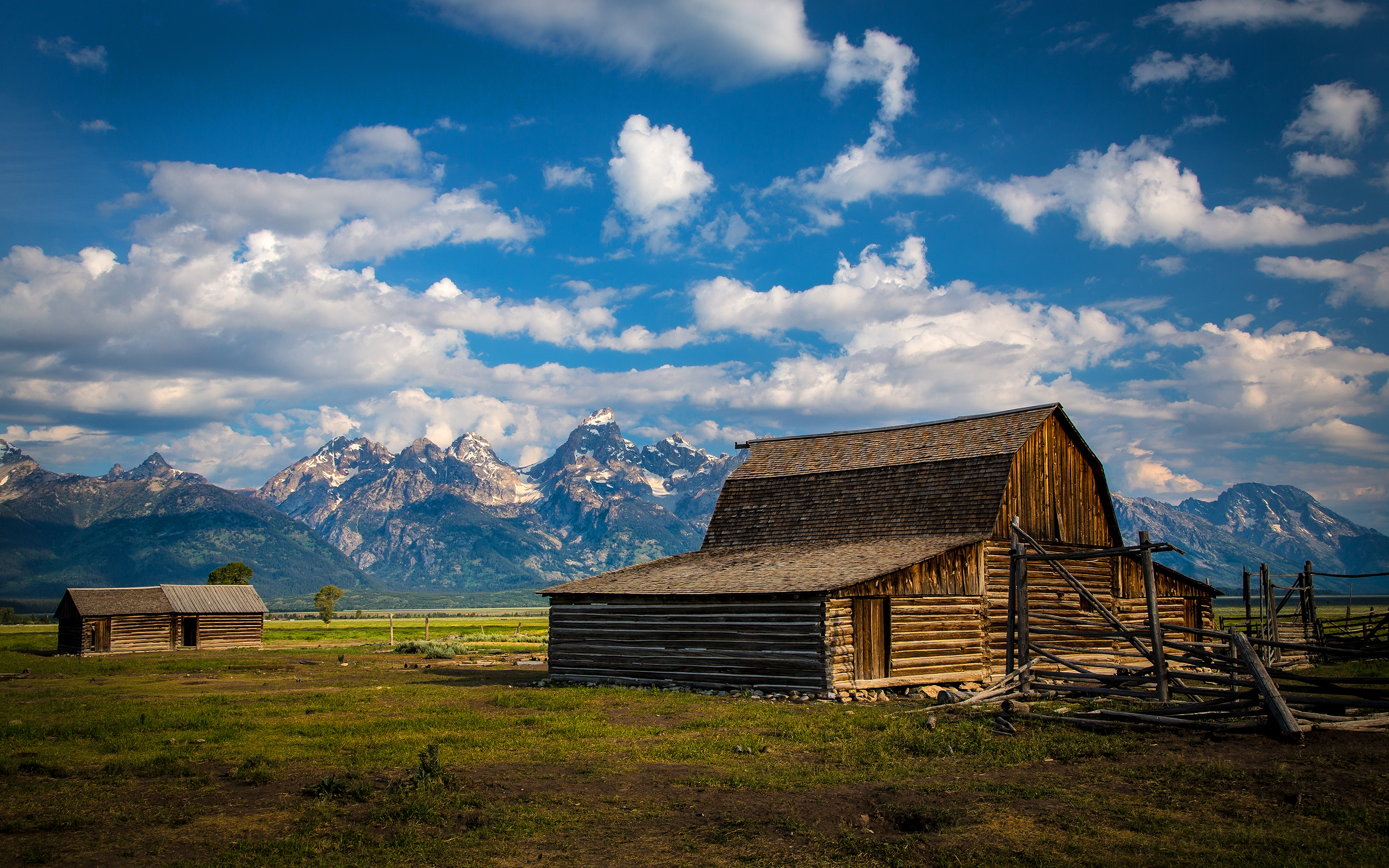 Barn Farm Mountains Clouds Landscape Wallpaper Background