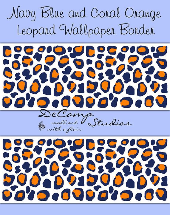 Navy Blue and Coral Orange Leopard wallpaper border wall decals for