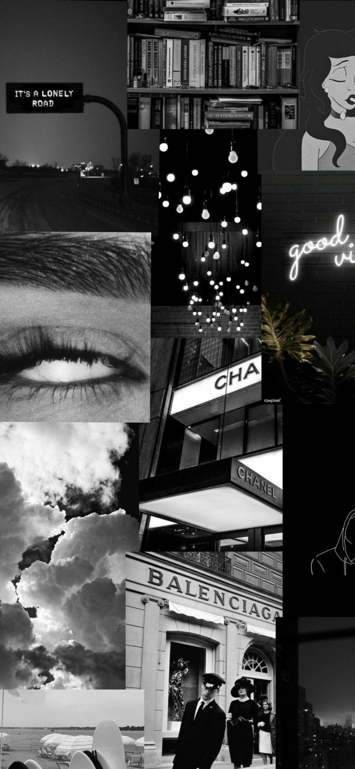 A black and white aesthetic collage featuring fashion brands, a lonely road sign, a grayscale eye, and string lights