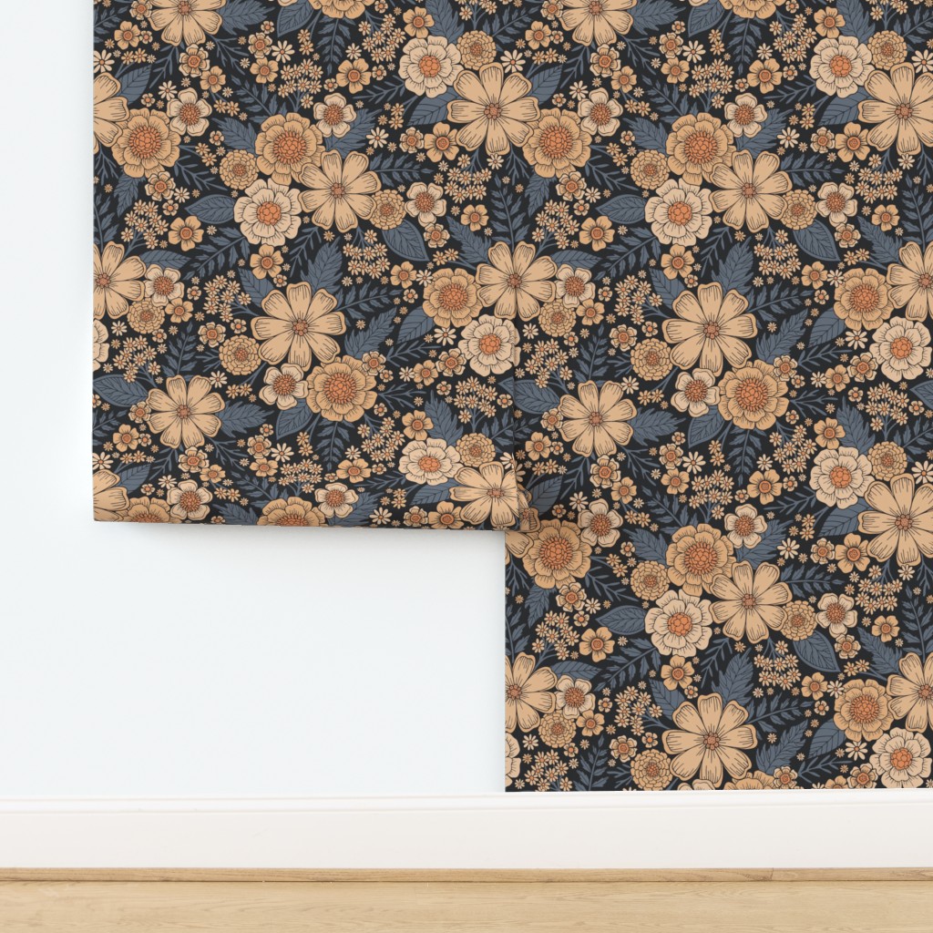 Floral W Peach Blue Gray Flowers By Somecallmebeth Wallpaper