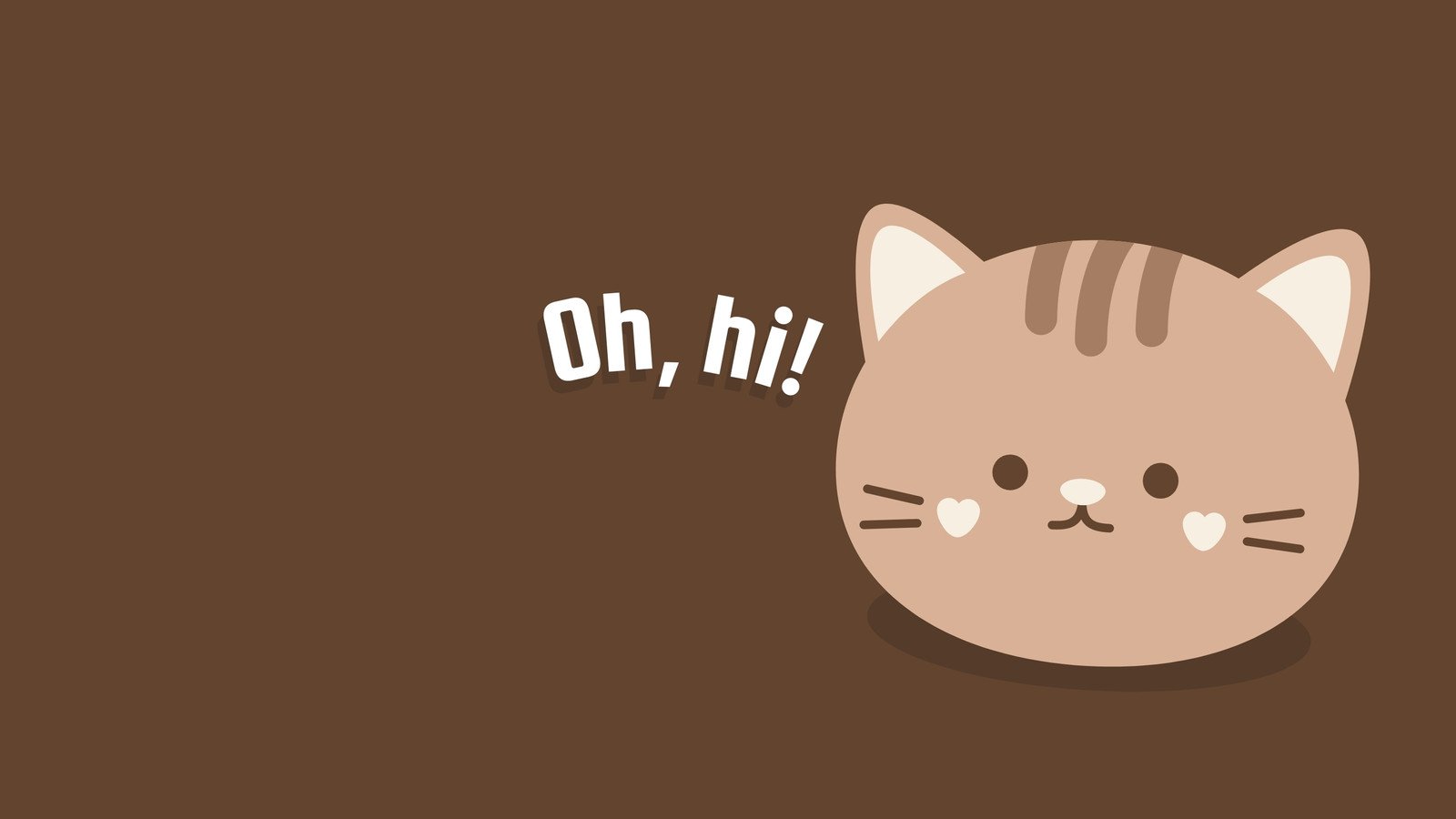 A cute cartoon cat with brown stripes says hi on a brown background, suitable for a laptop wallpaper