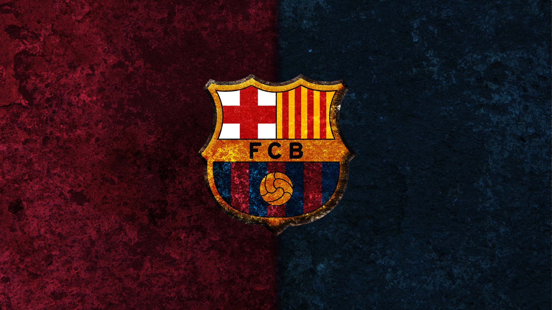 A vintage, grunge-style image of the FC Barcelona crest on a split maroon and blue background