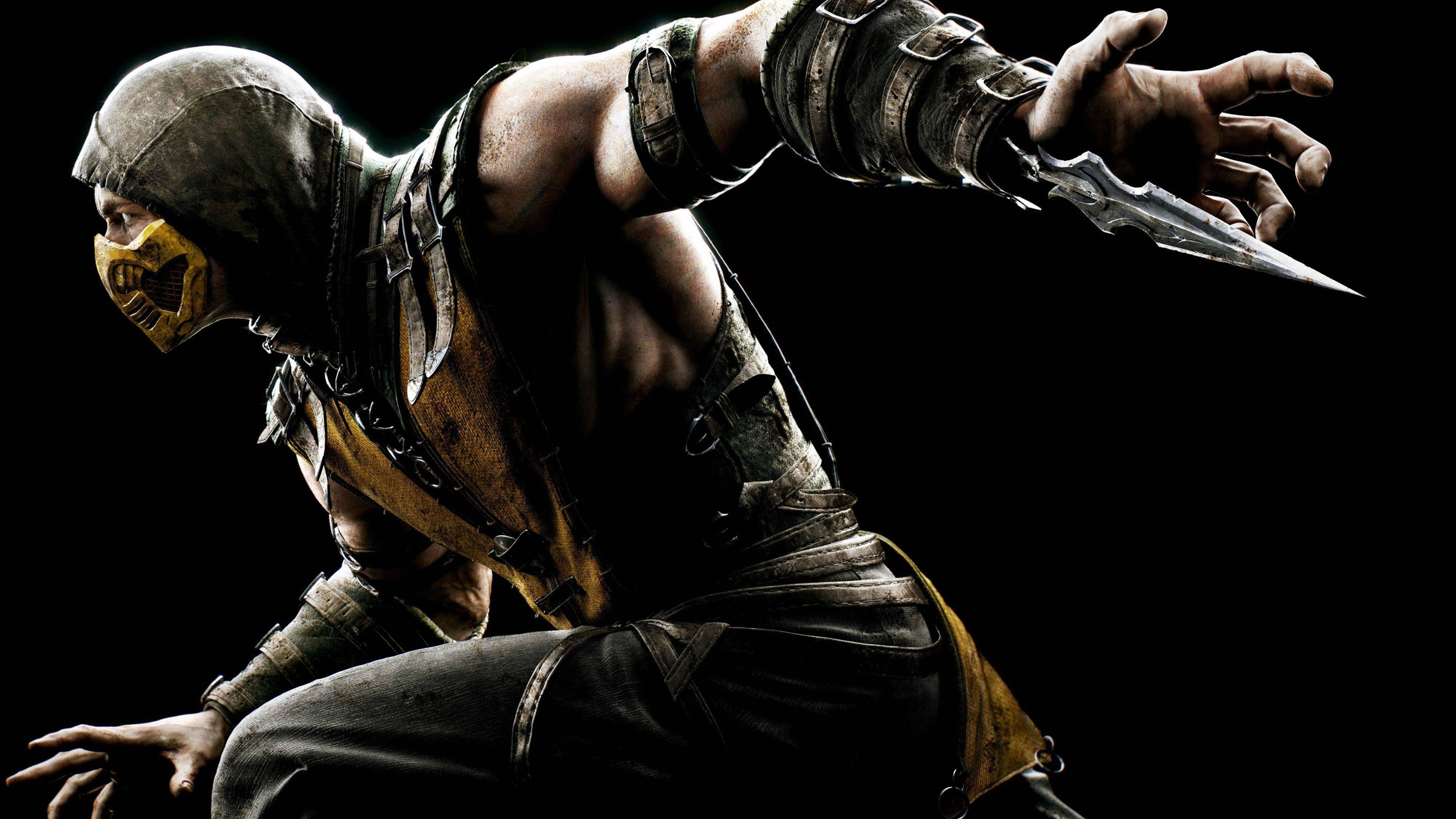 Scorpion from Mortal Kombat poised for attack in a dynamic action pose