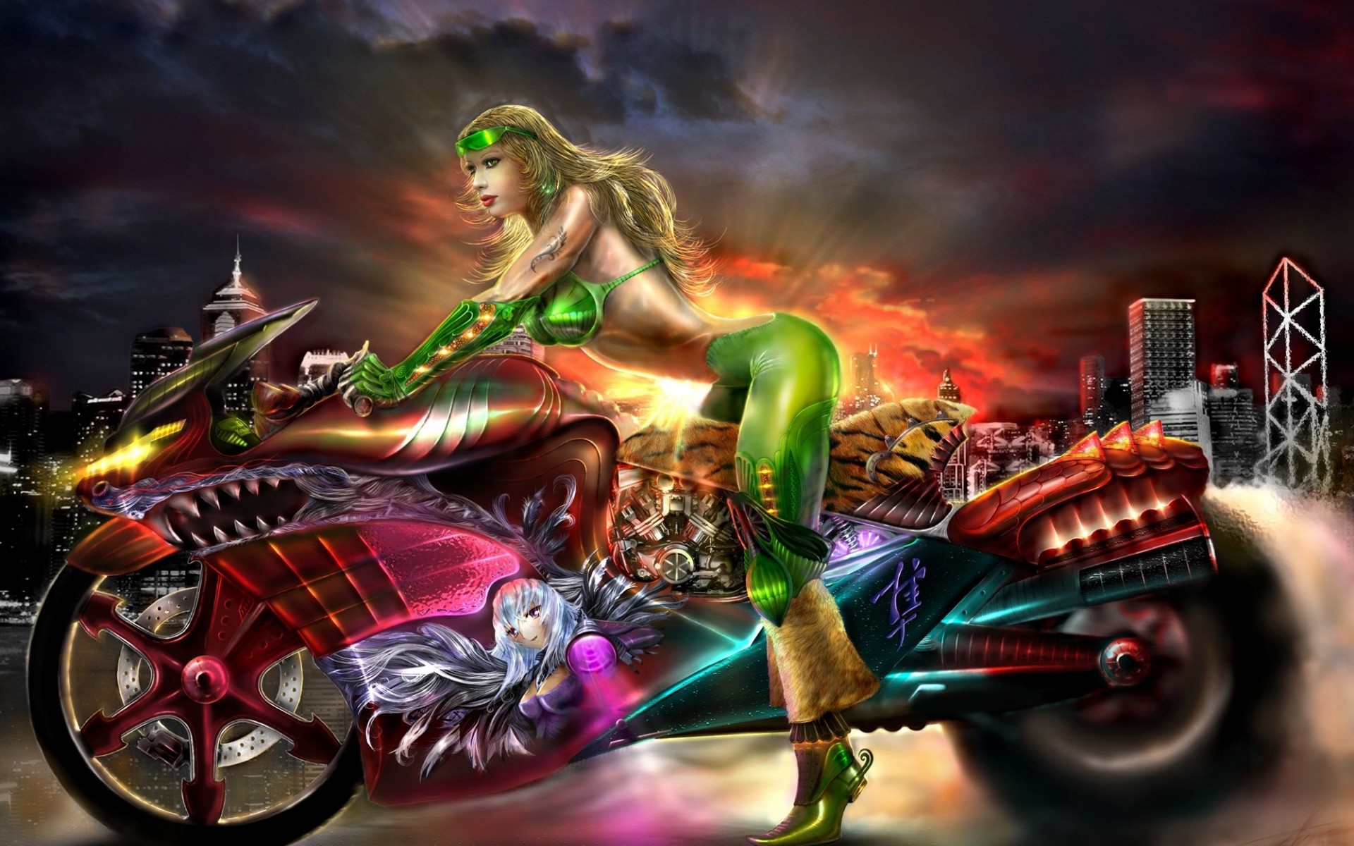 Original Art Sci Fi Science Urban Women Sexy Babes Girl Motorcycle