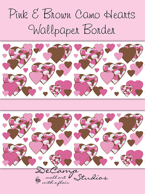 to PINK CAMO HEART Wallpaper Border Wall Decals Girl Camouflage