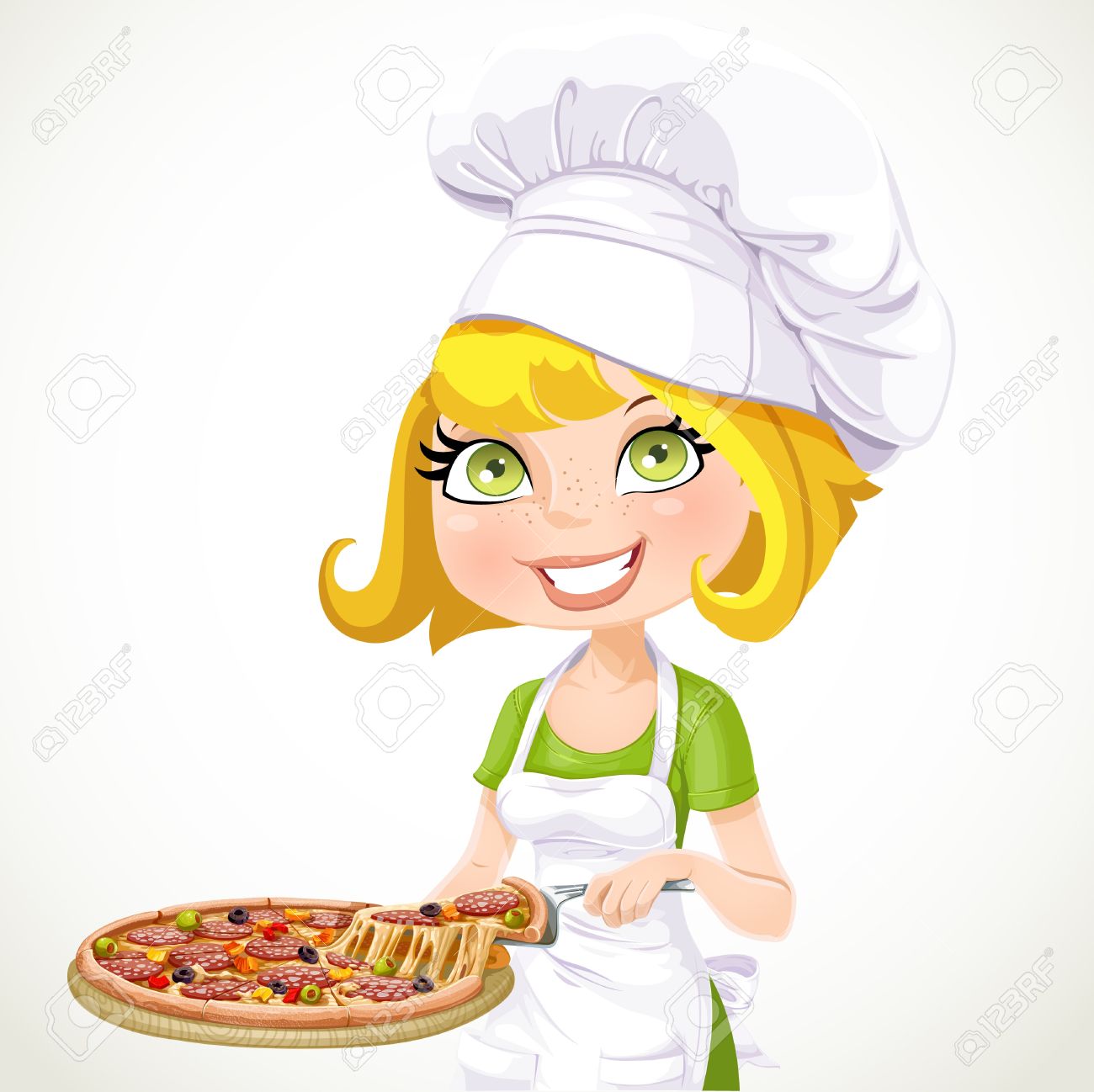 Cute Girl Chef Offers A Taste Of Pizza Isolated On White