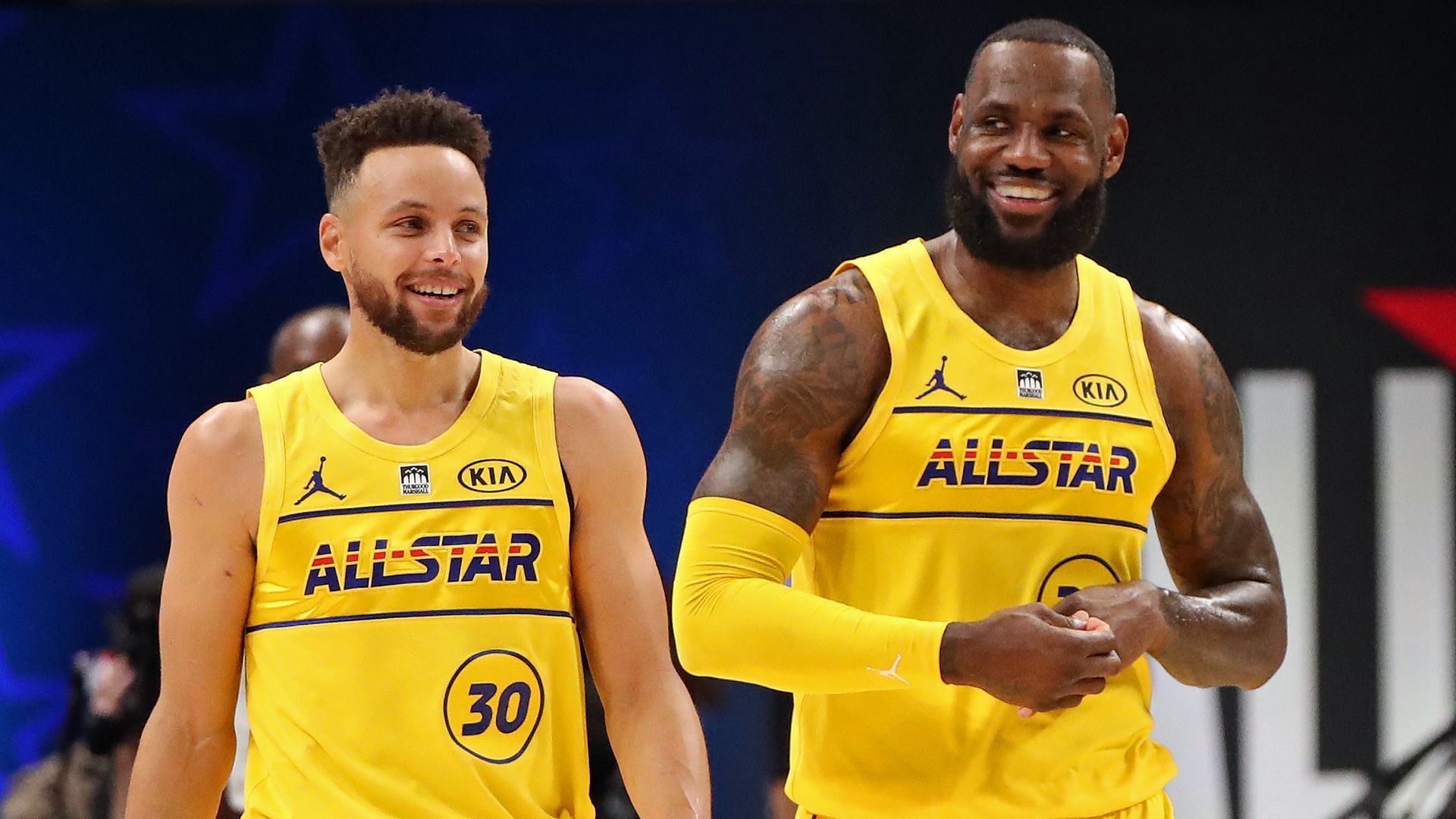 LeBron James and Stephen Curry share a laugh during the NBA All-Star Game