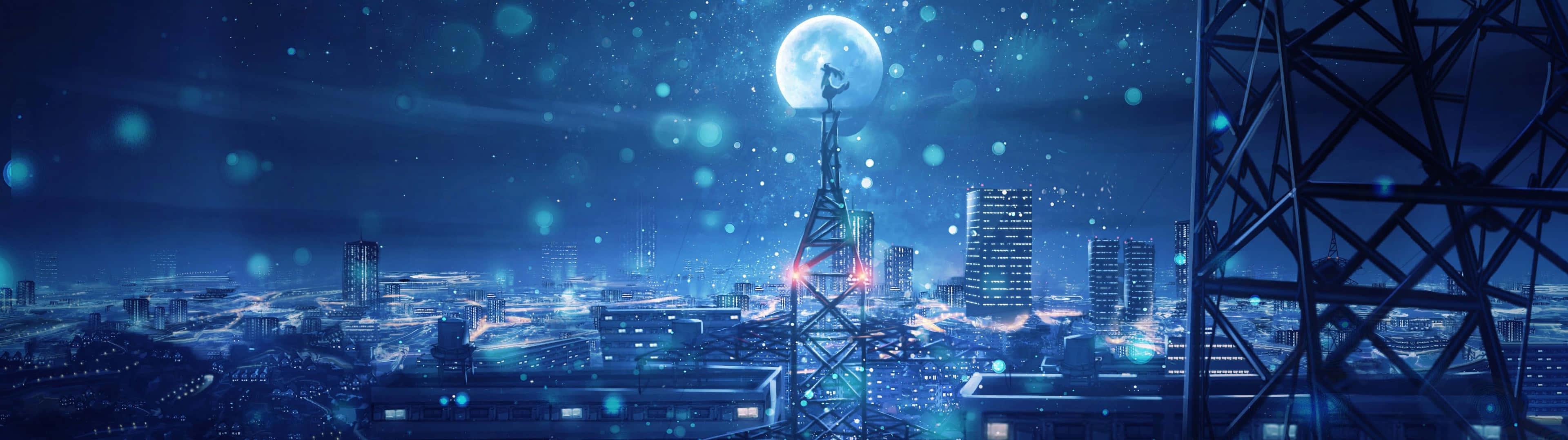 Download 3840x1080 Anime City Falling Snow Wallpaper