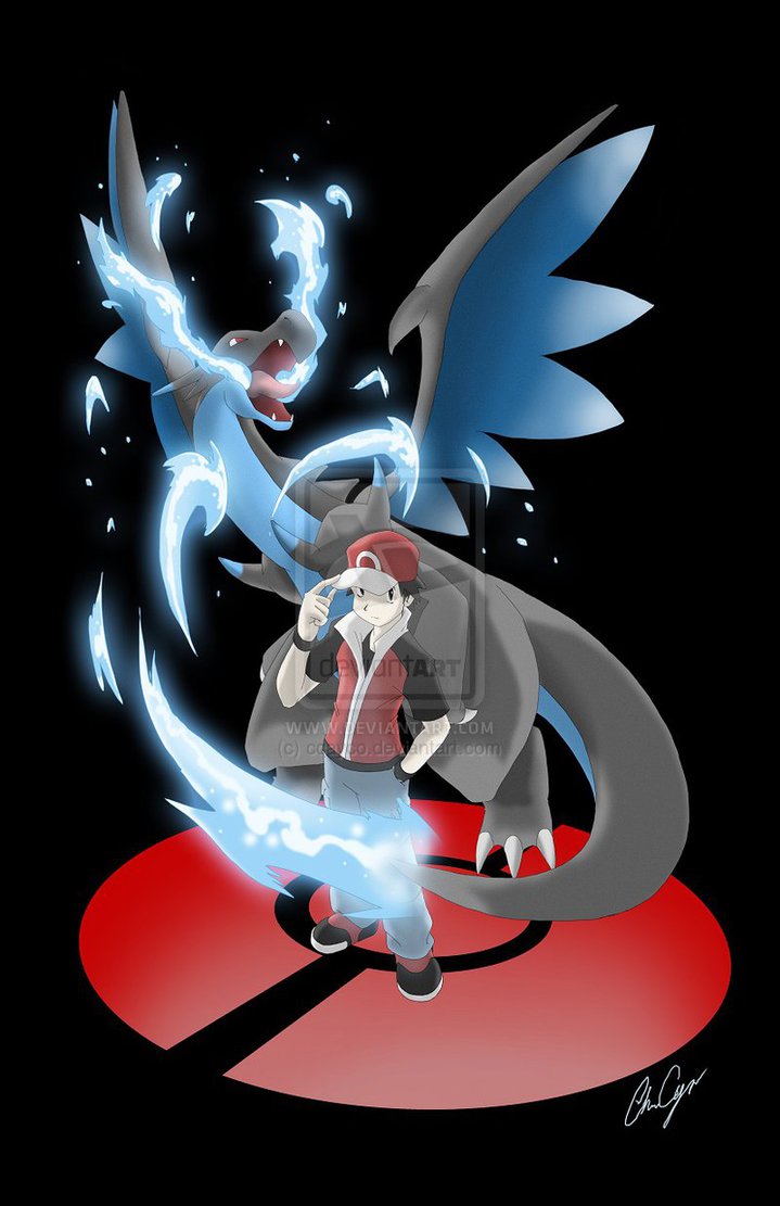 Pokemon Trainer Red And Mega Charizard X By Ccayco