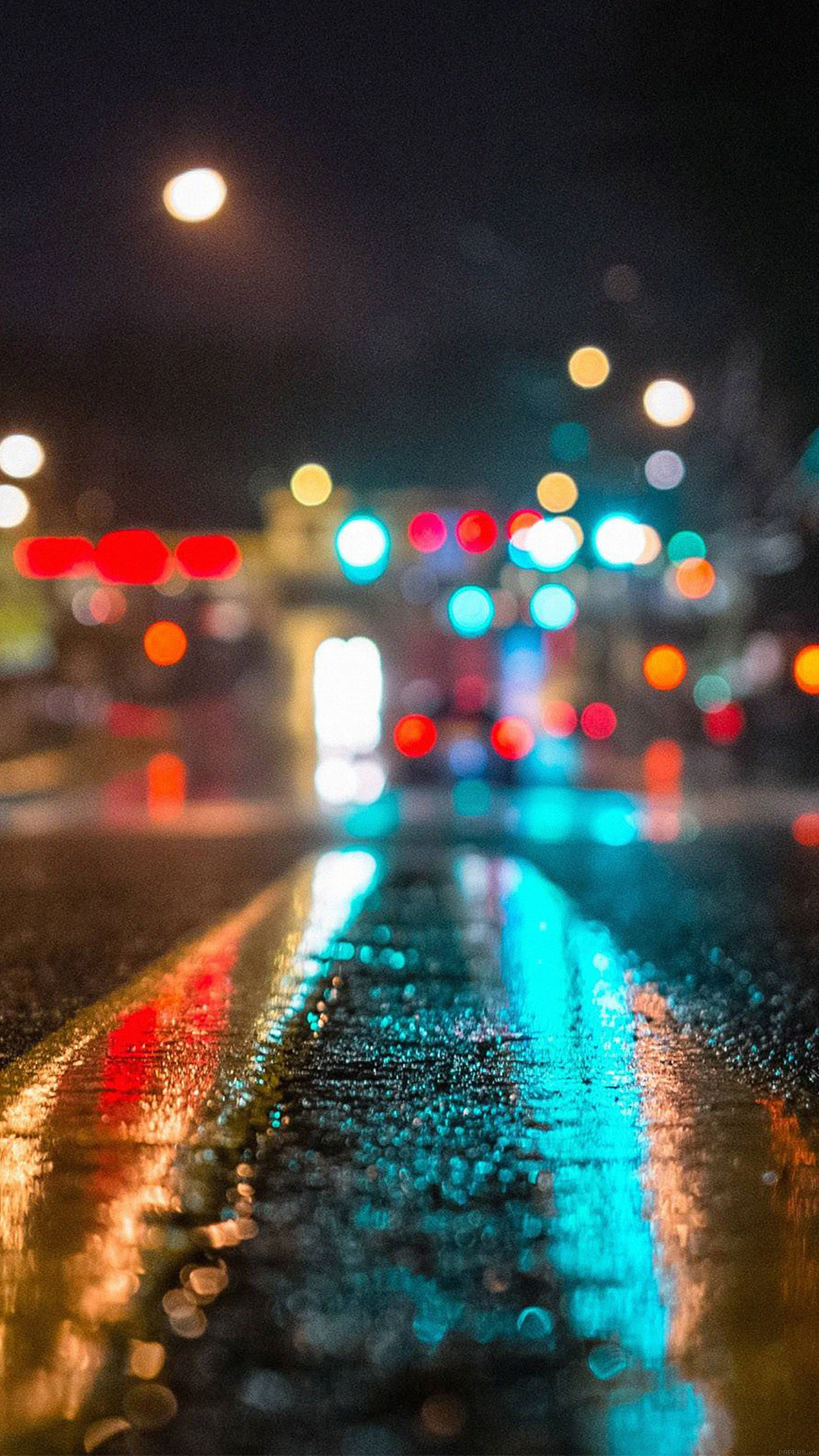Abstract photo of city lights at night reflected on a wet street