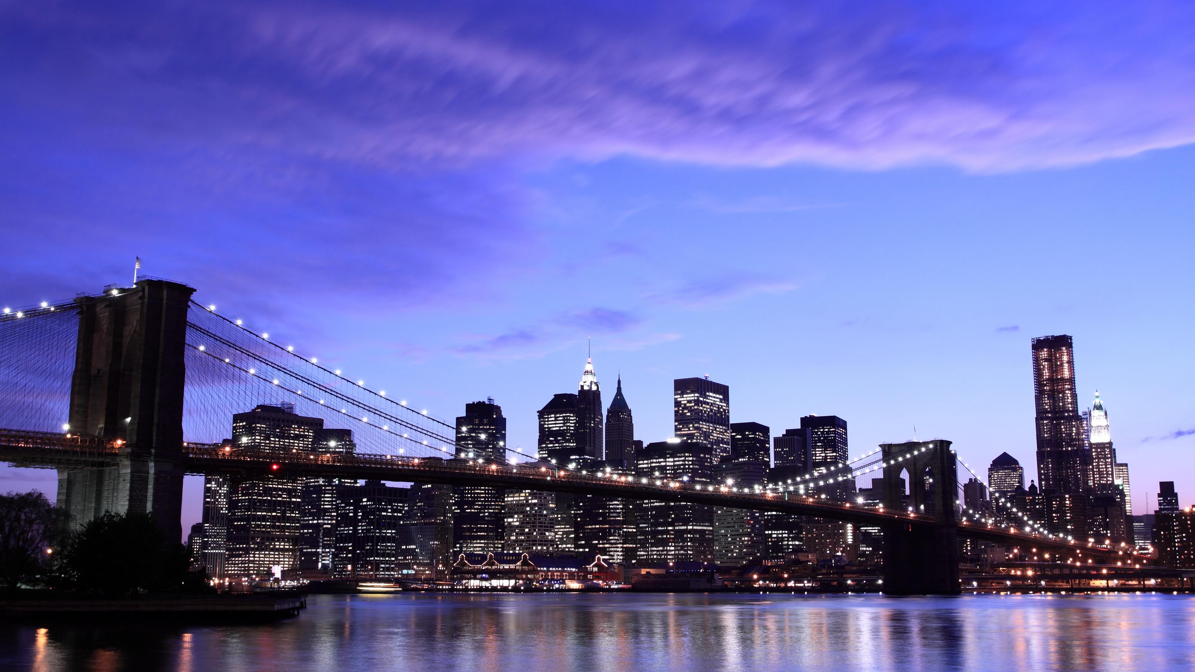 Wallpaper 4k New York City Brooklyn Bridge Evening Lights Sky
