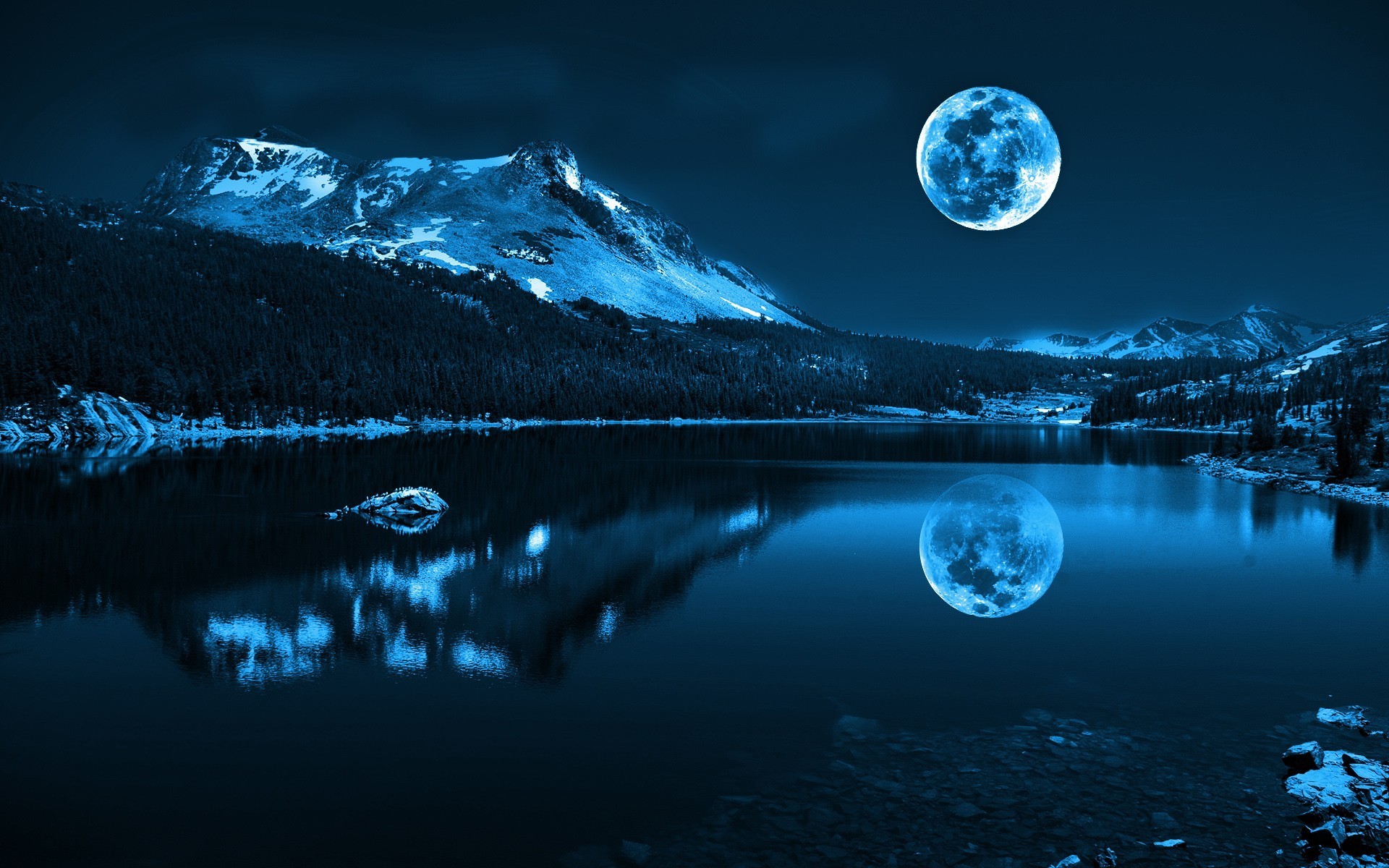Moon Lake Sky Night Wallpaper HD