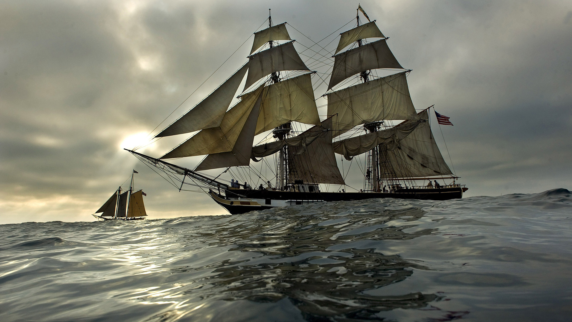 Ocean Sea Sailing Galleon Schooner Sky Clouds Wallpaper Background