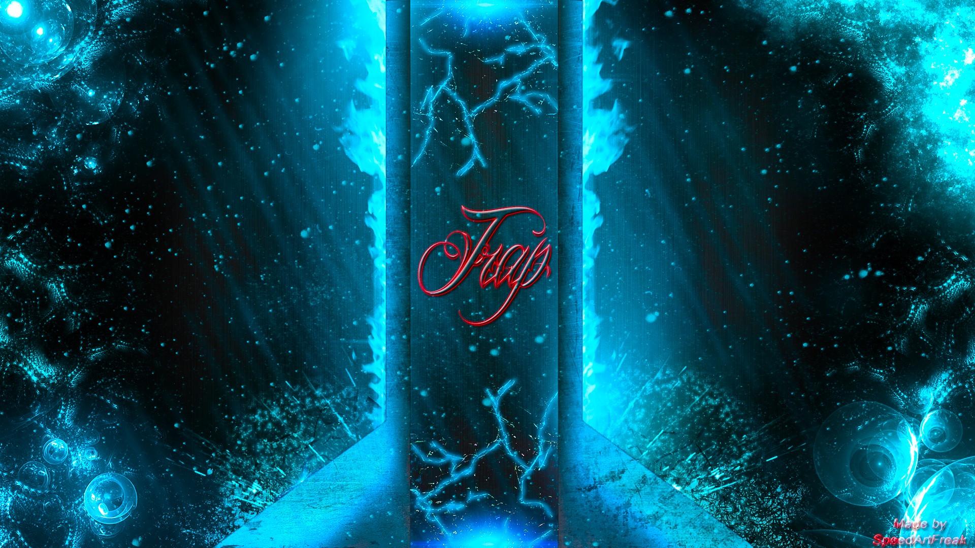 Abstract digital art featuring a central teal panel with red stylized text 'Fujo,' framed by radiating light and dark teal cosmic or aquatic effects