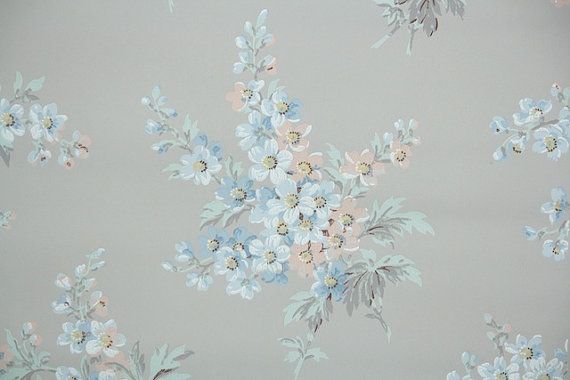 1930s Vintage Wallpaper   Peach and Blue Floral Bouquets on Gray