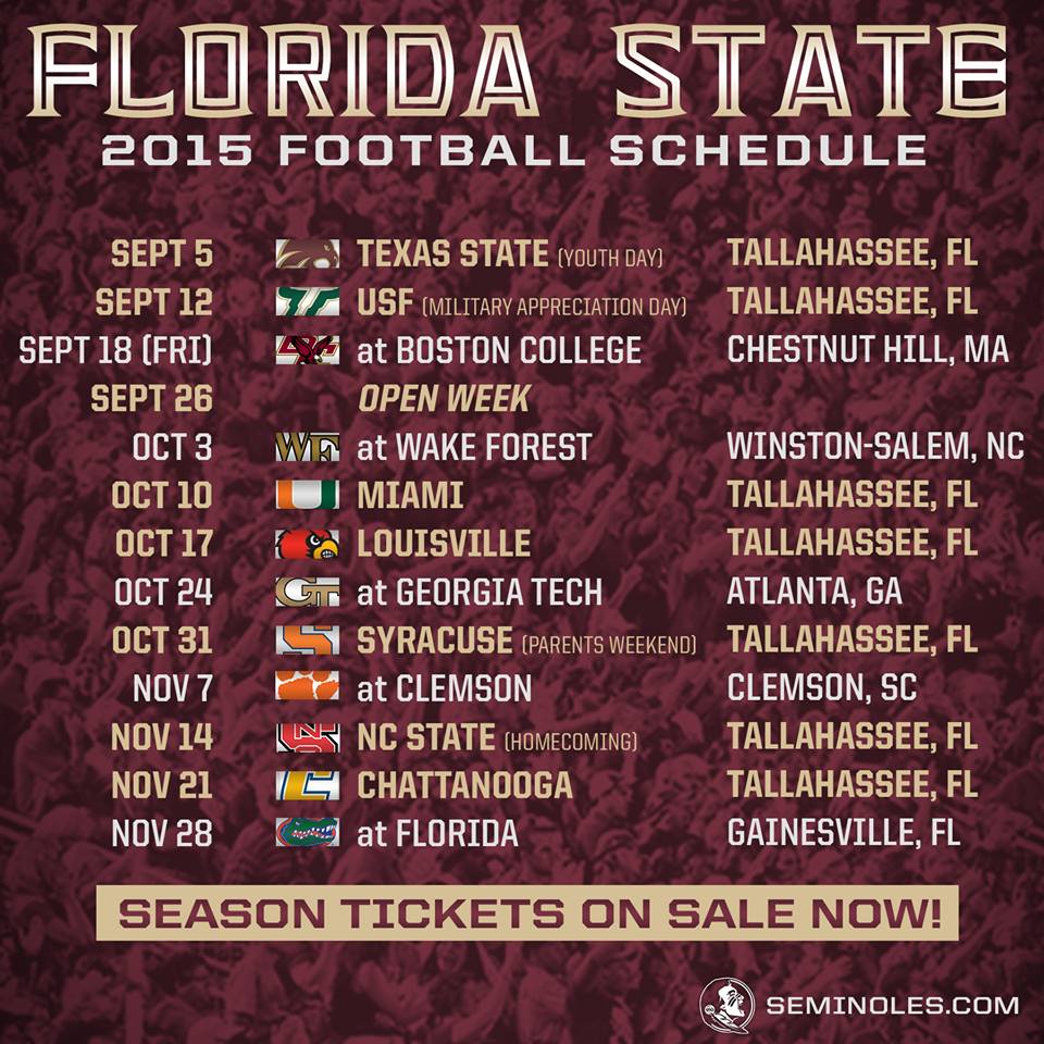 TALLAHASSEE FL The 2015 Florida State Seminoles will face seven