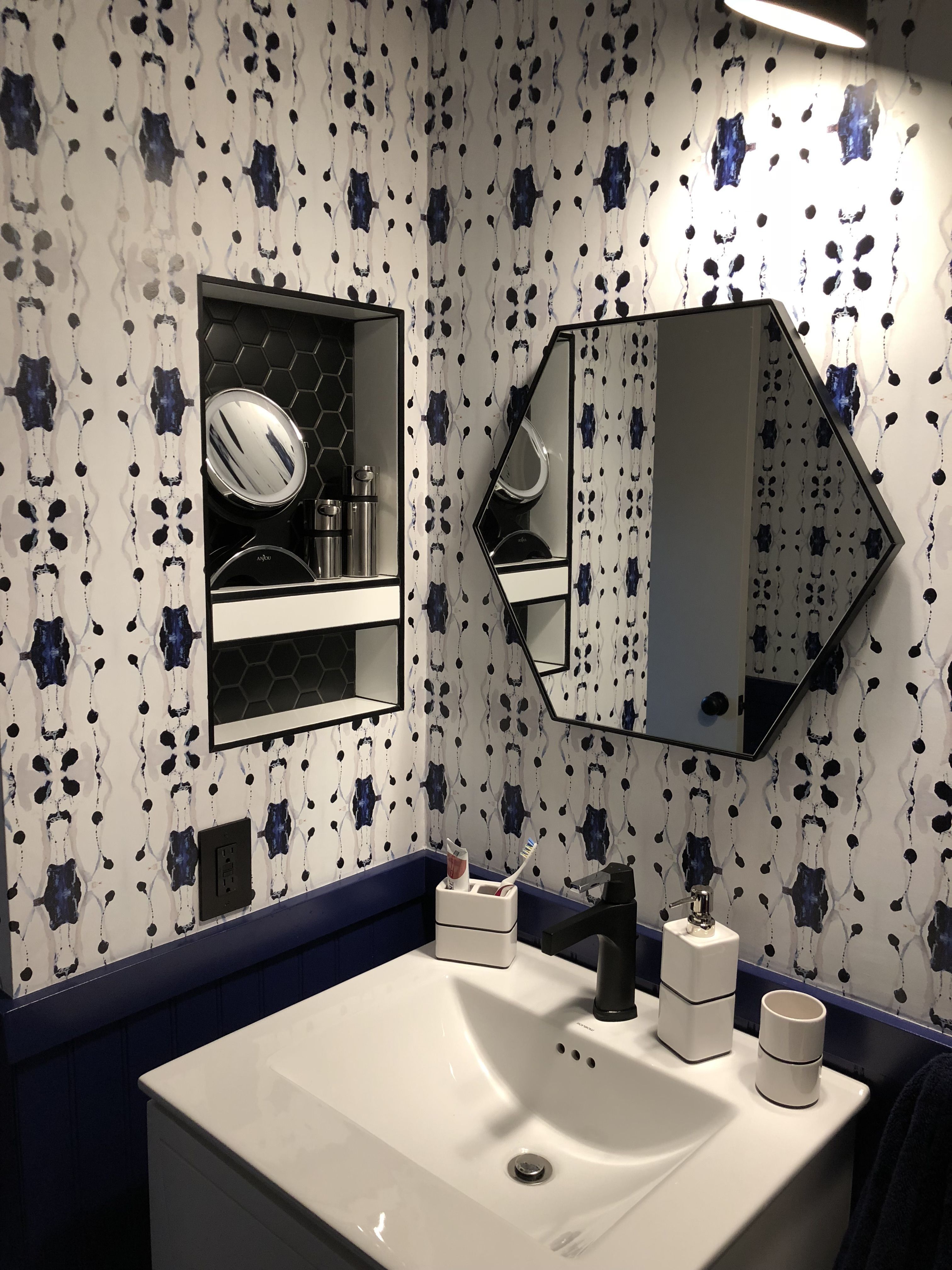 Powder Room Navy Wainscoting Tamarindo Wallpaper From Jennifer
