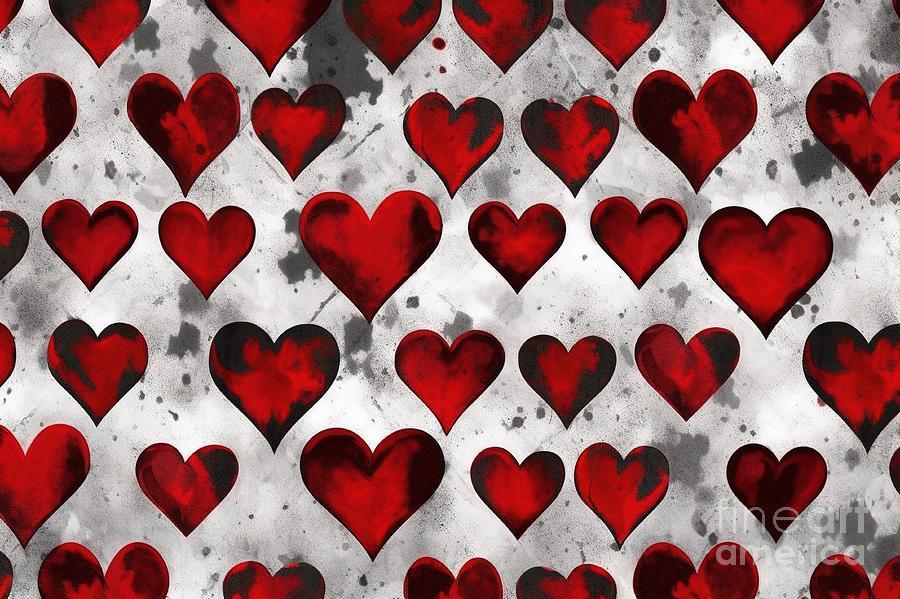 Seamless Hearts Playing Card Suit Pattern Painted With Black White