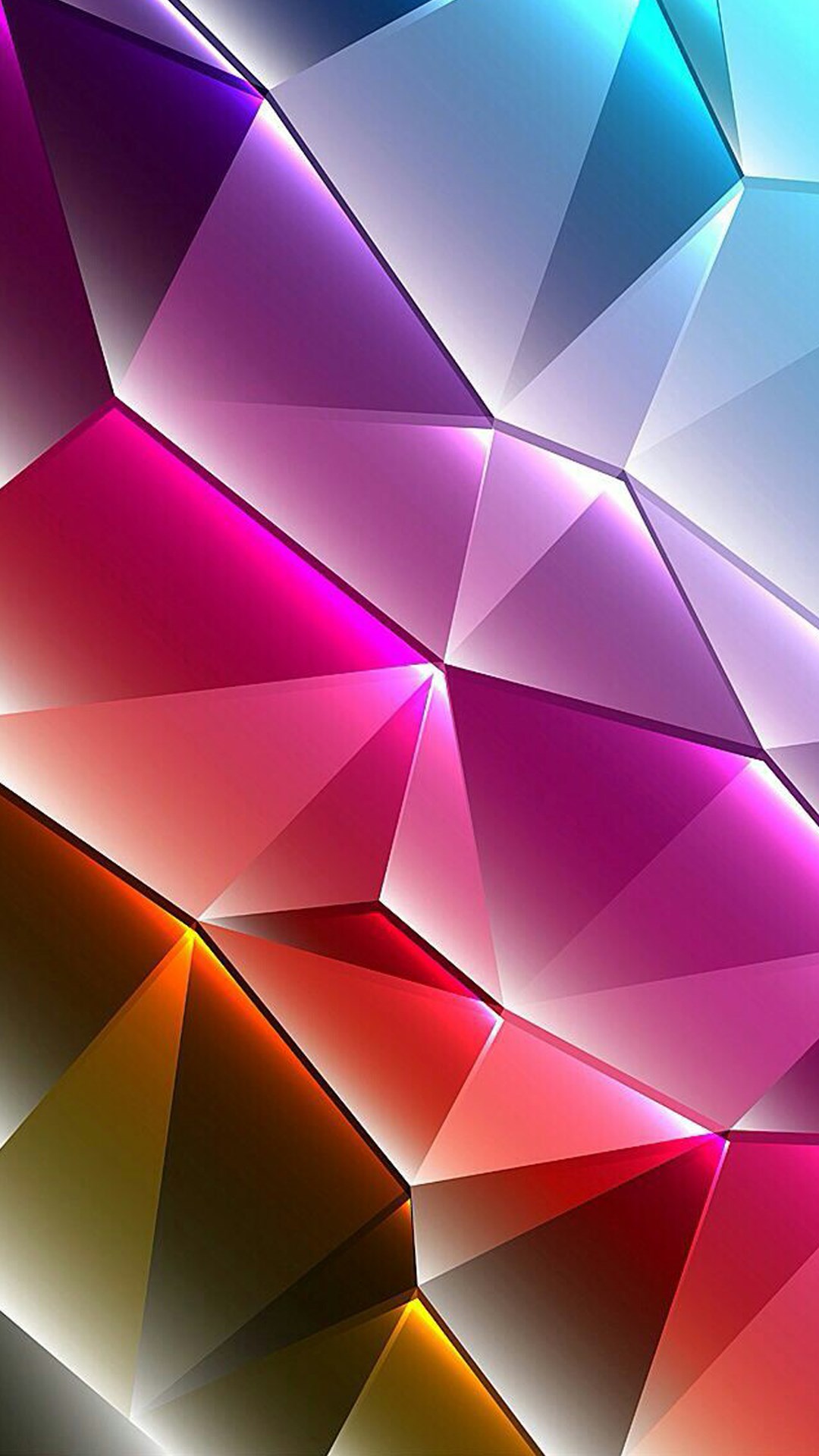 Abstract geometric phone wallpaper with vibrant neon colors, featuring a low-poly design