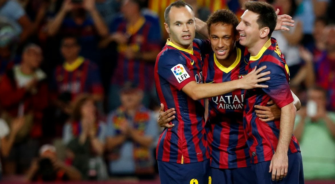 Neymar Celebration With Iniesta And Messi