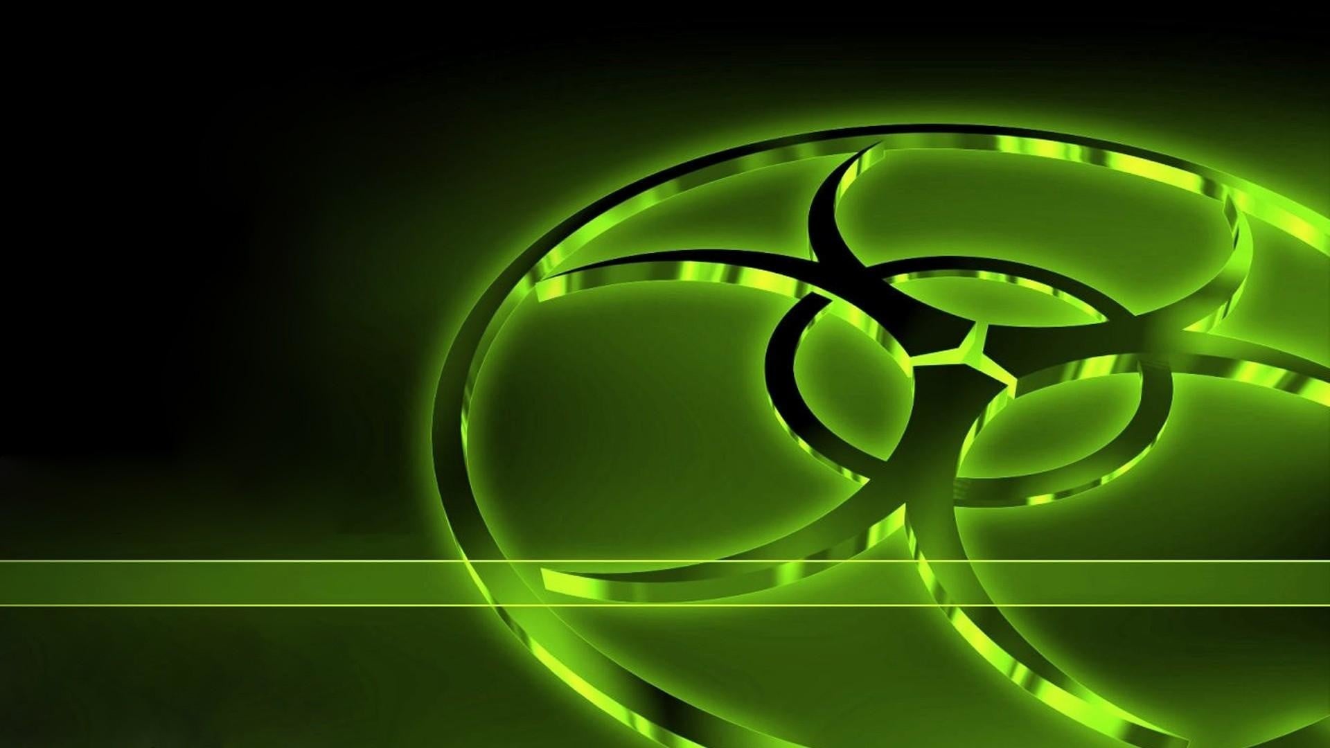 A vibrant neon green biohazard symbol glowing against a dark background, creating a striking visual