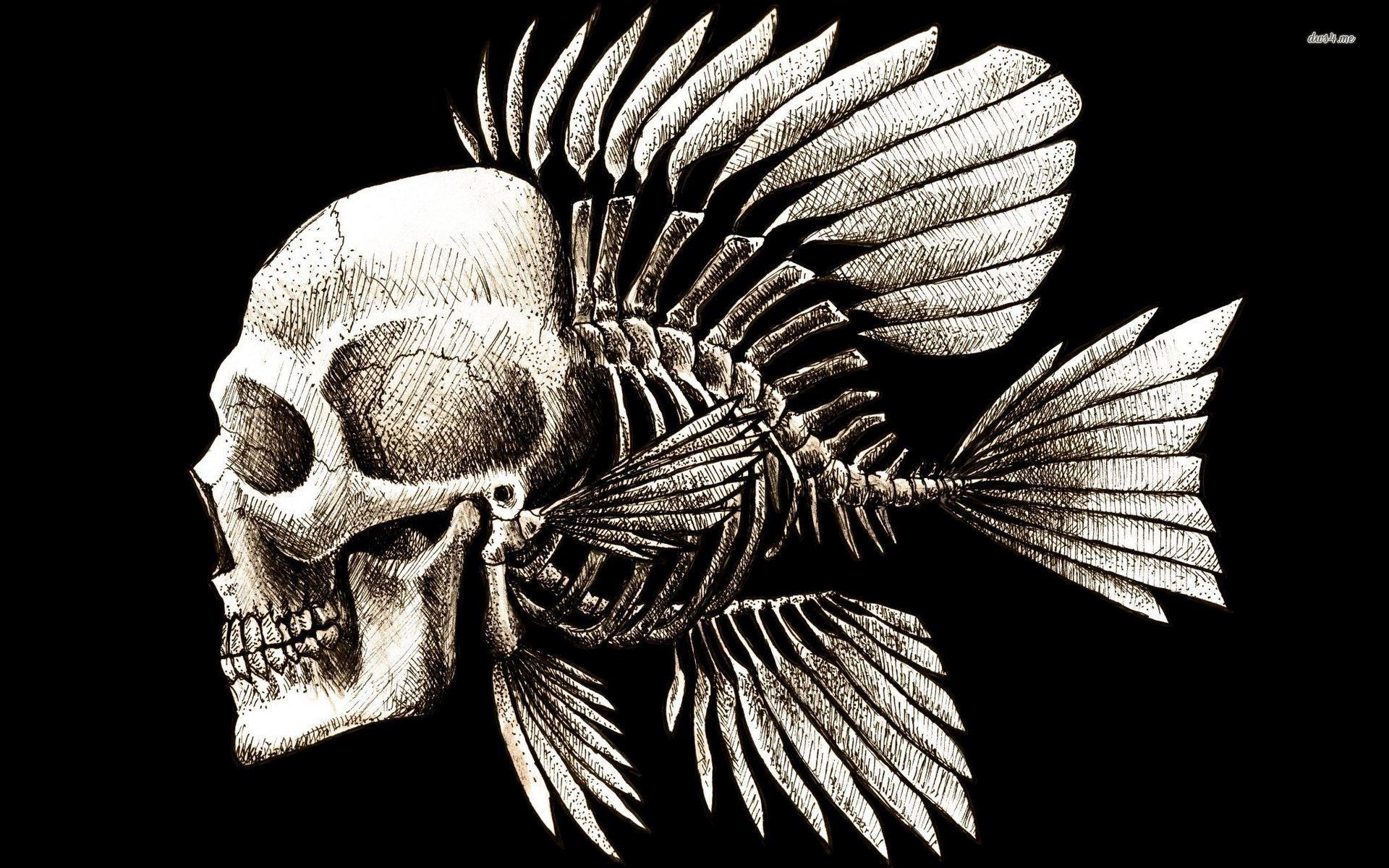 Human Skull With Fish Skeleton Wallpaper Digital Art