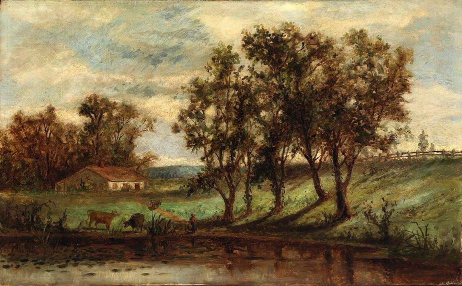 Edward Mitchell Bannister Man With Cows Grazing Near Pond