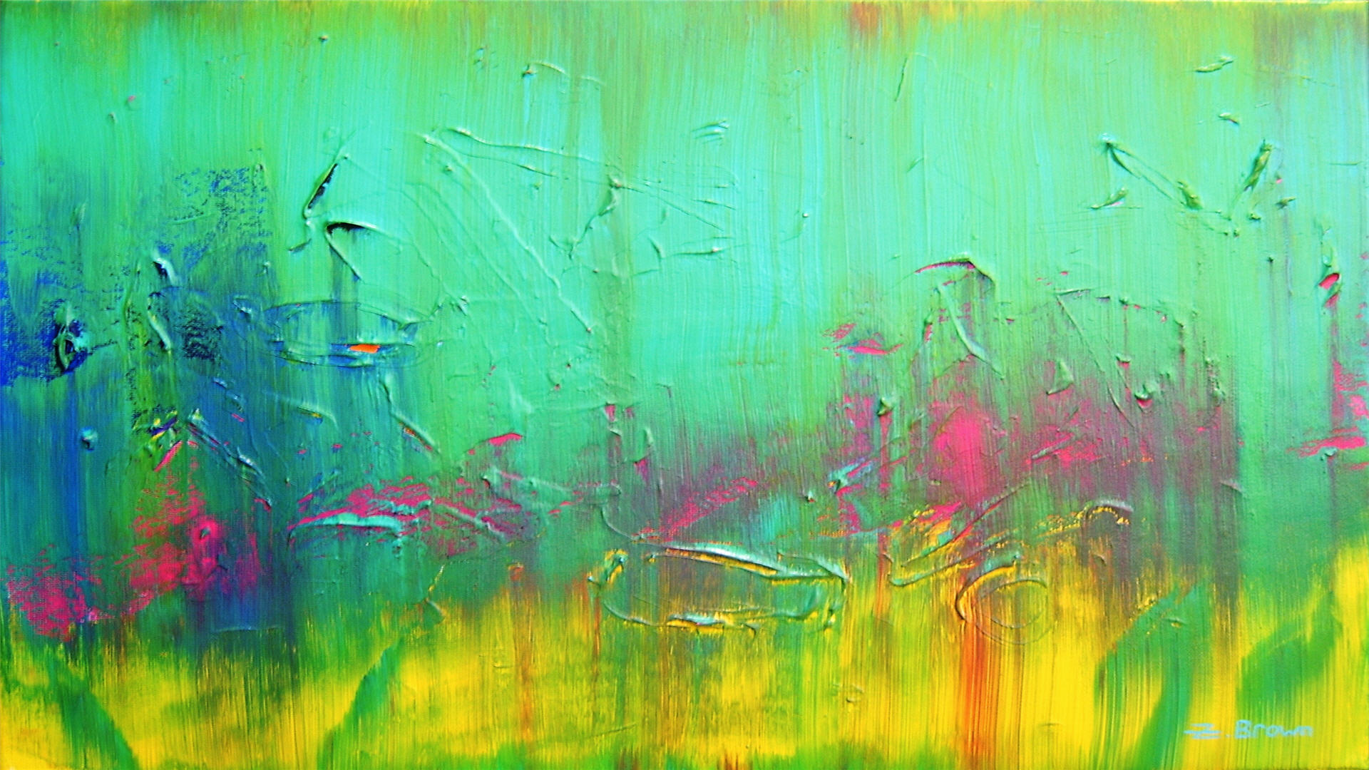 Vivid abstract painting with textured brushstrokes of green, yellow, blue, and pink, creating a vibrant and dynamic composition