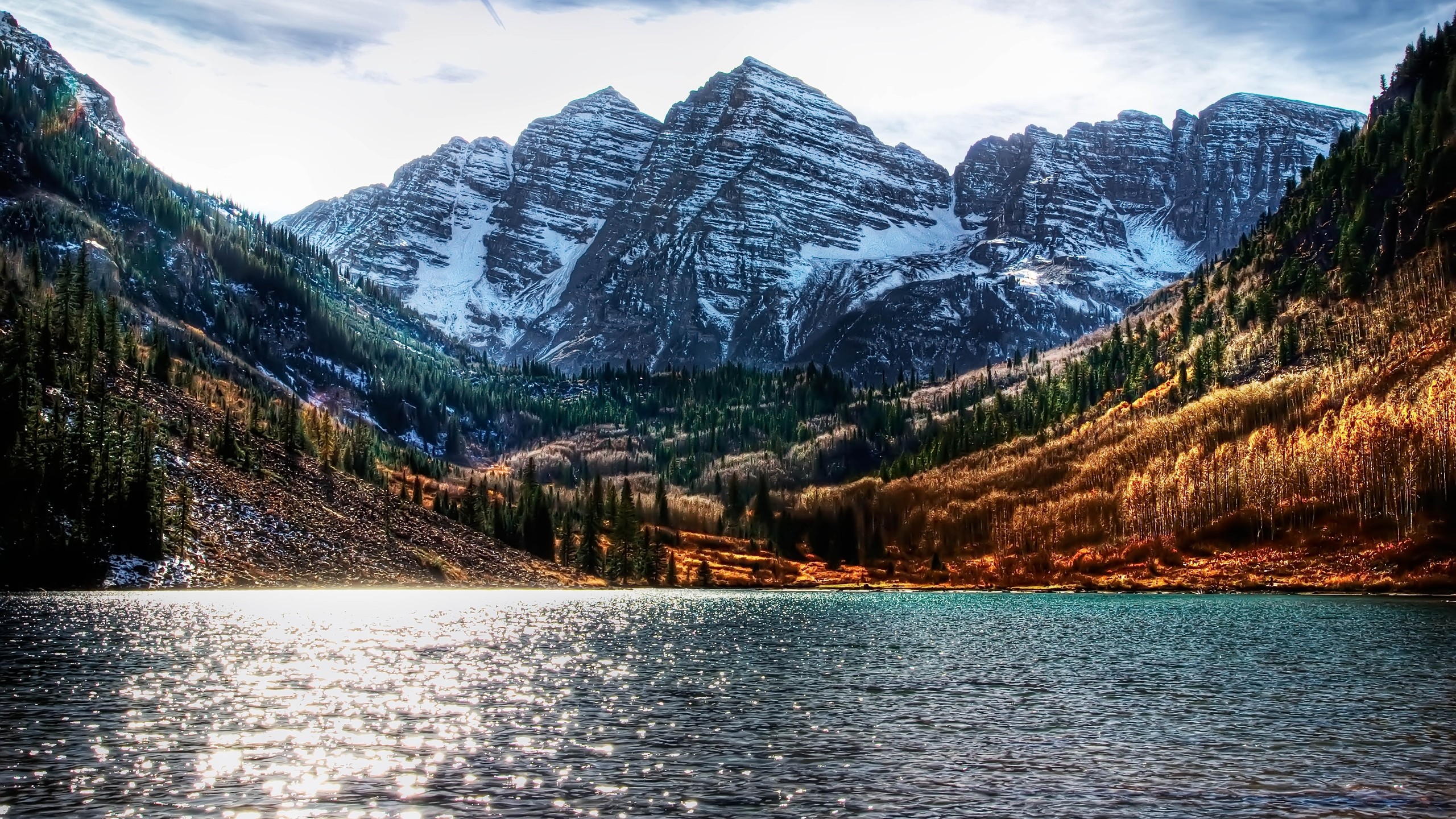 water mountains landscapes nature snow trees forests Colorado lakes 2560x1440