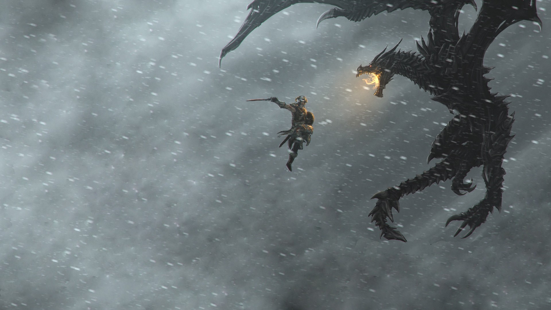 Mountains Snow Dragons Fight Swords Dragonborn Fus