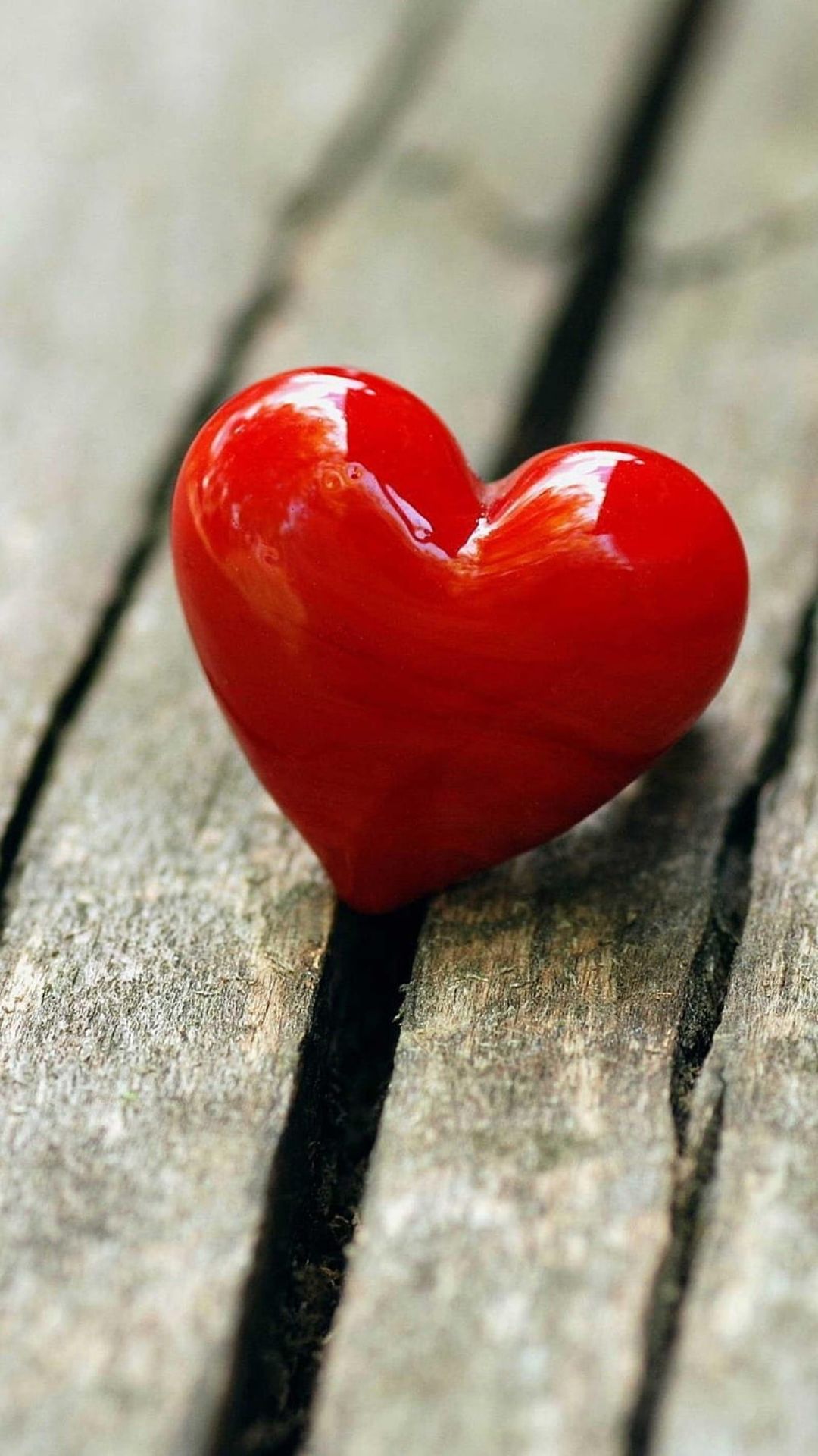A close-up of a glossy red heart resting on weathered wooden planks