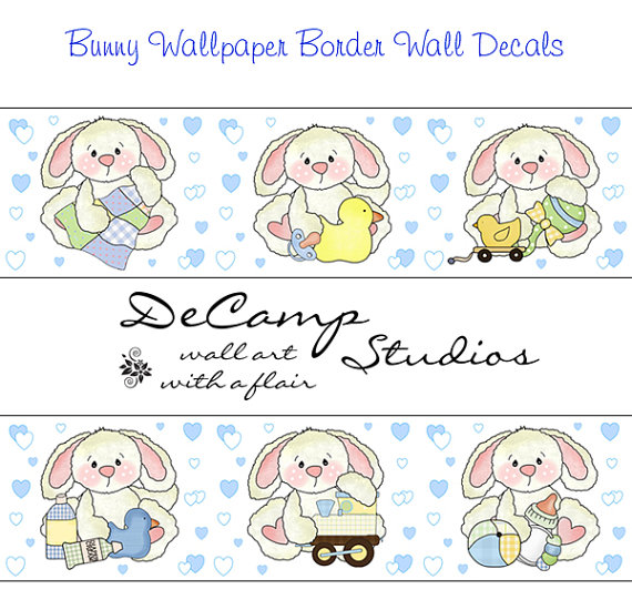 BUNNY Rabbit WALLPAPER Wall BORDER Decals Baby Boy Nursery Blue Hearts