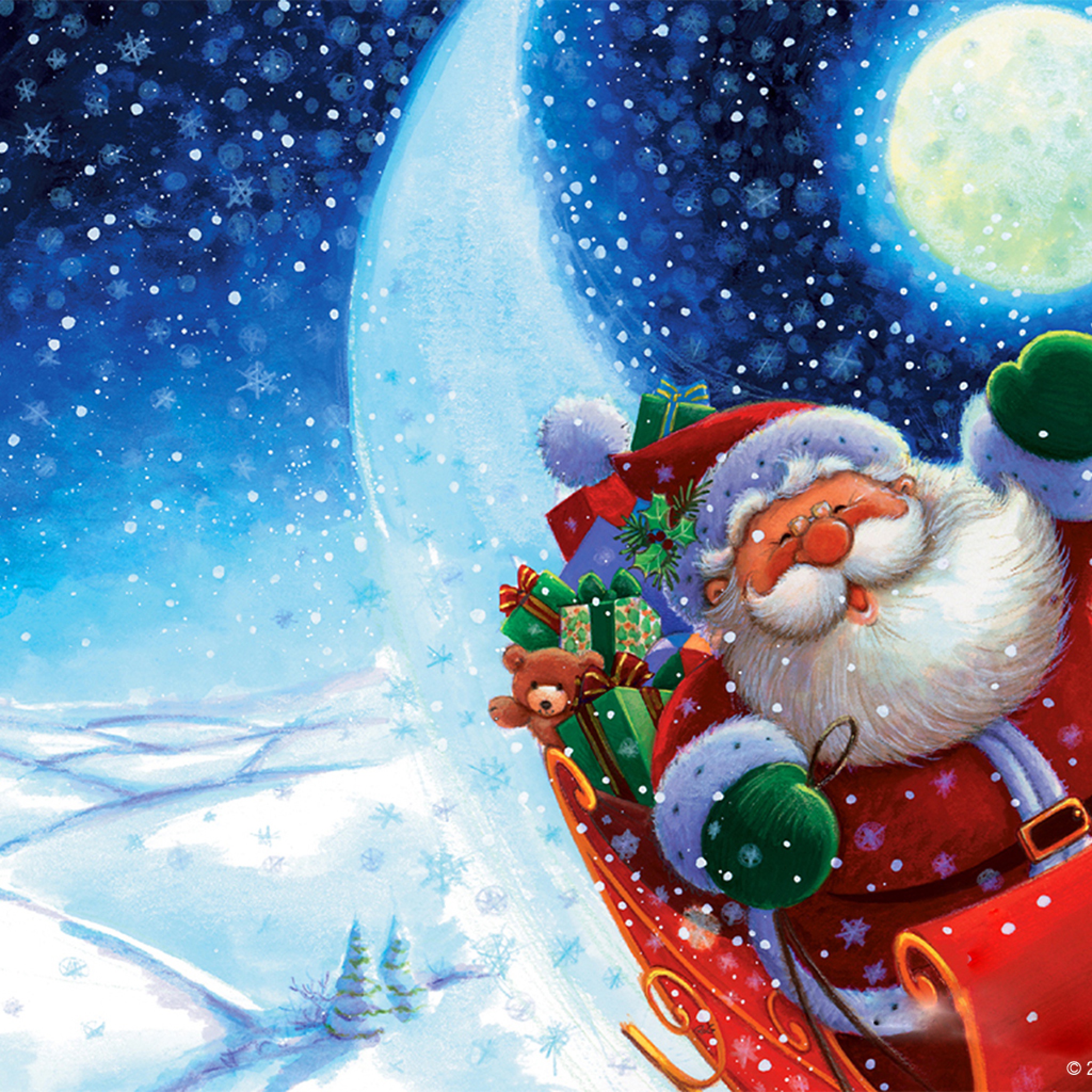 Santa Claus flying through a snowy night sky on his sleigh, delivering Christmas presents