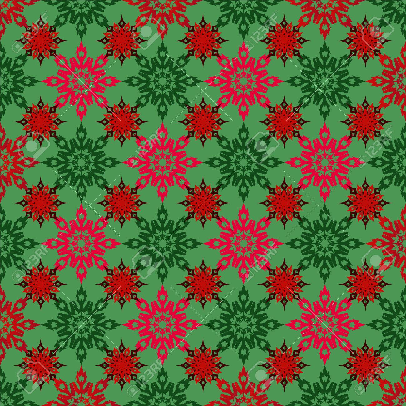 Christmas Seamless Red Background With Red And Green Snowflakes
