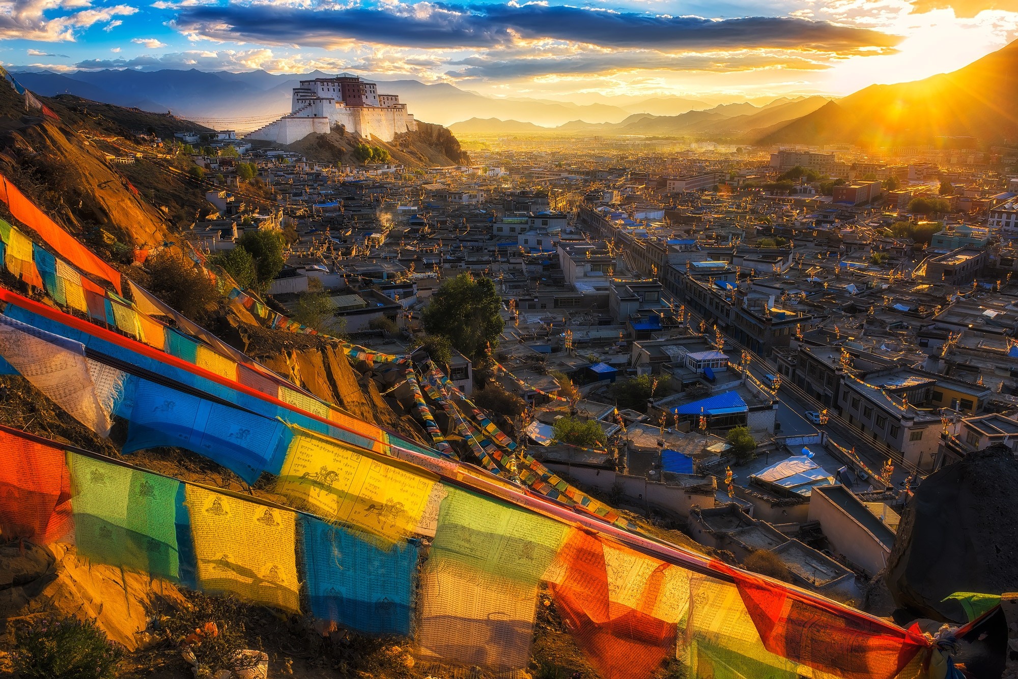 Cityscape Sunset Tibet Temple Buddhism Flag
