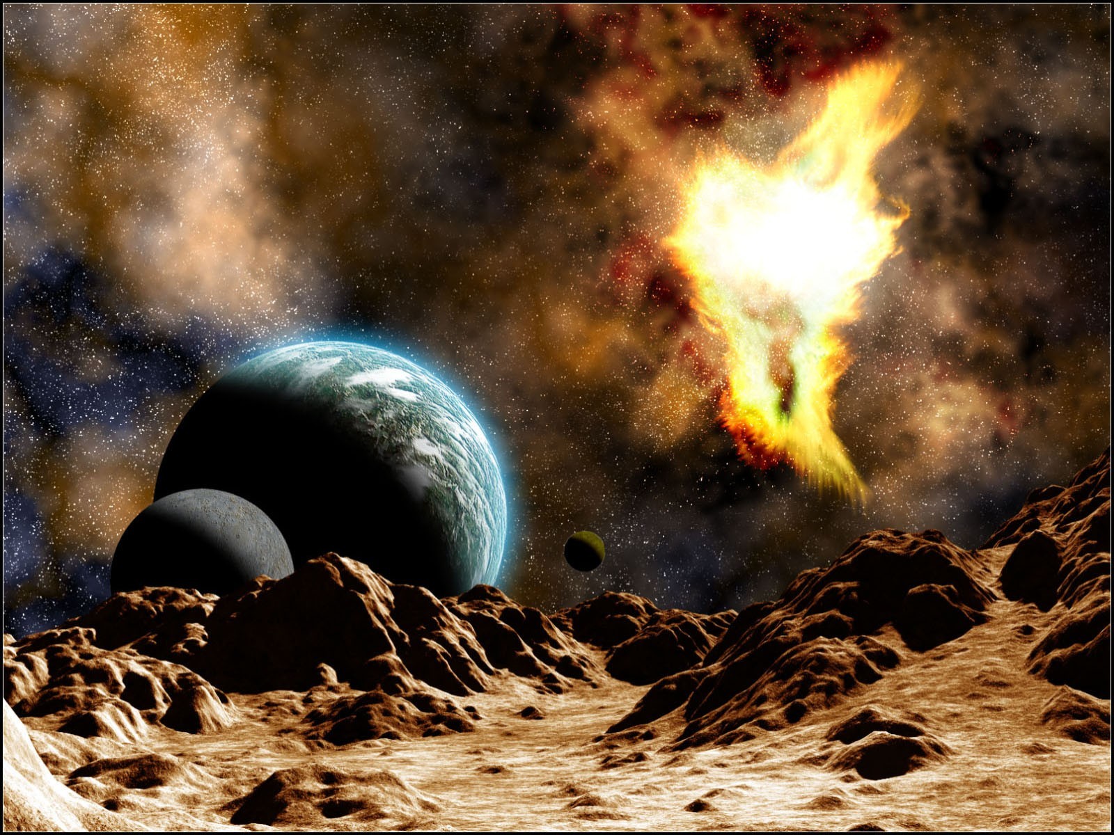 A breathtaking view of a fiery nebula, planets, and a rocky, barren moonscape in outer space